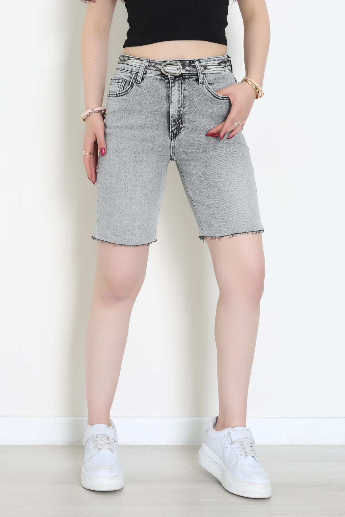 Kemerli Kot Şort Gri - 2610788.1968.