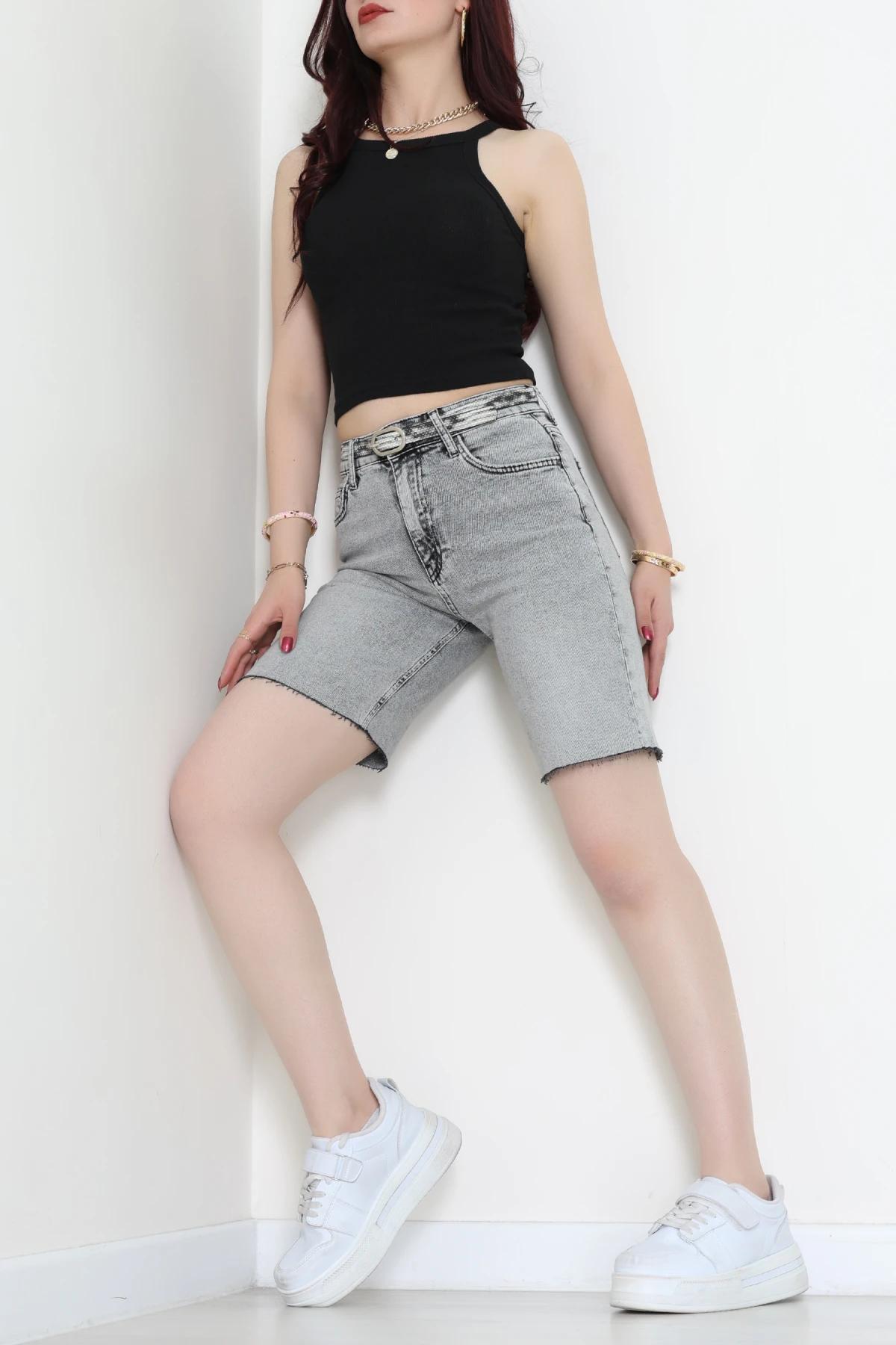 Kemerli Kot Şort Gri - 2610788.1968.