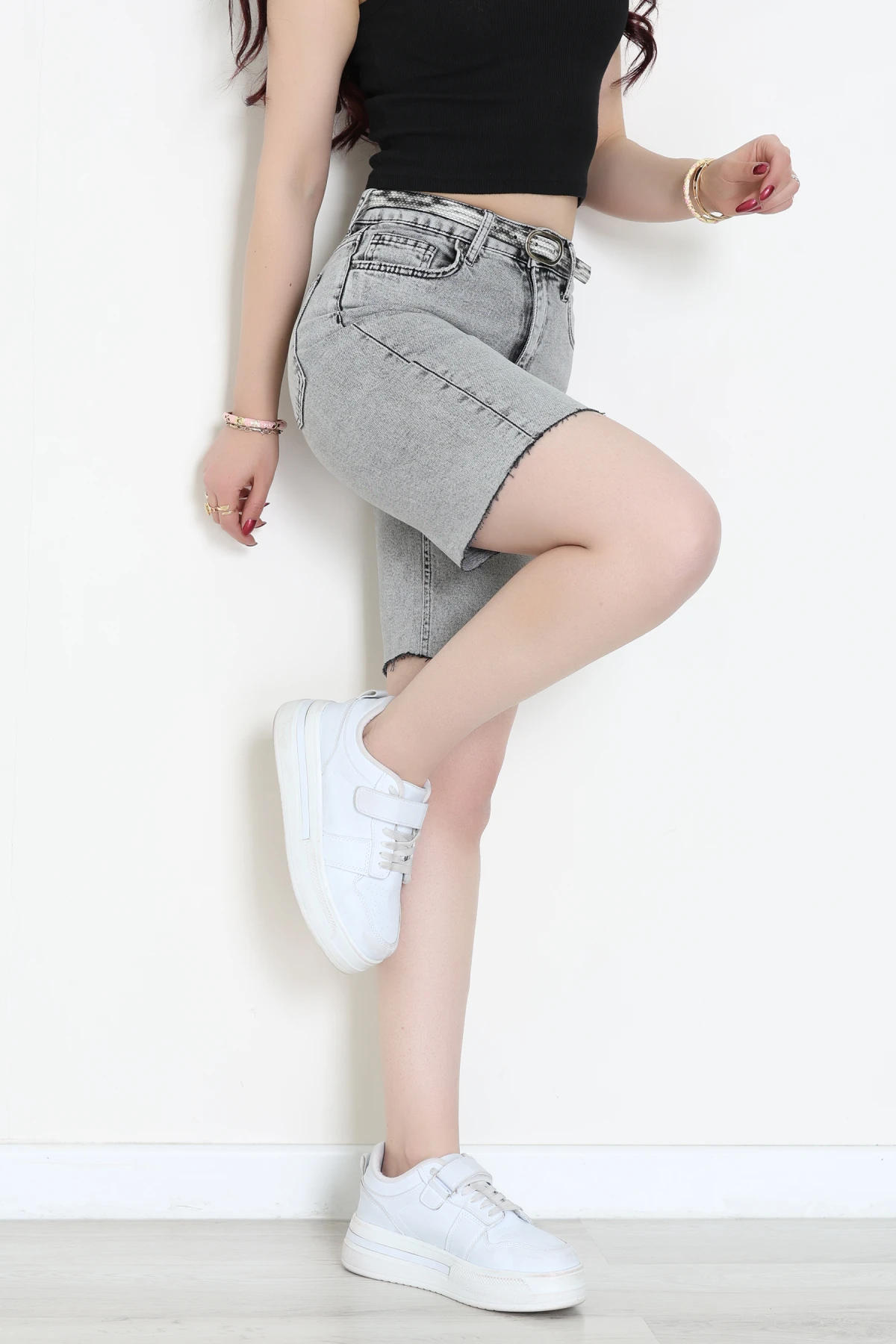 Kemerli Kot Şort Gri - 2610788.1968.