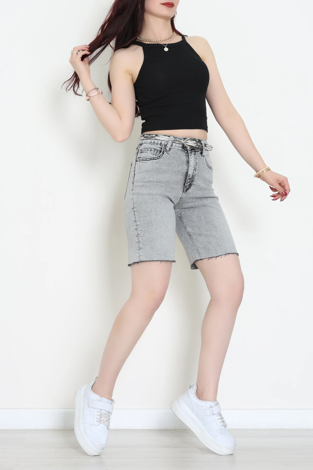 Kemerli Kot Şort Gri - 2610788.1968.