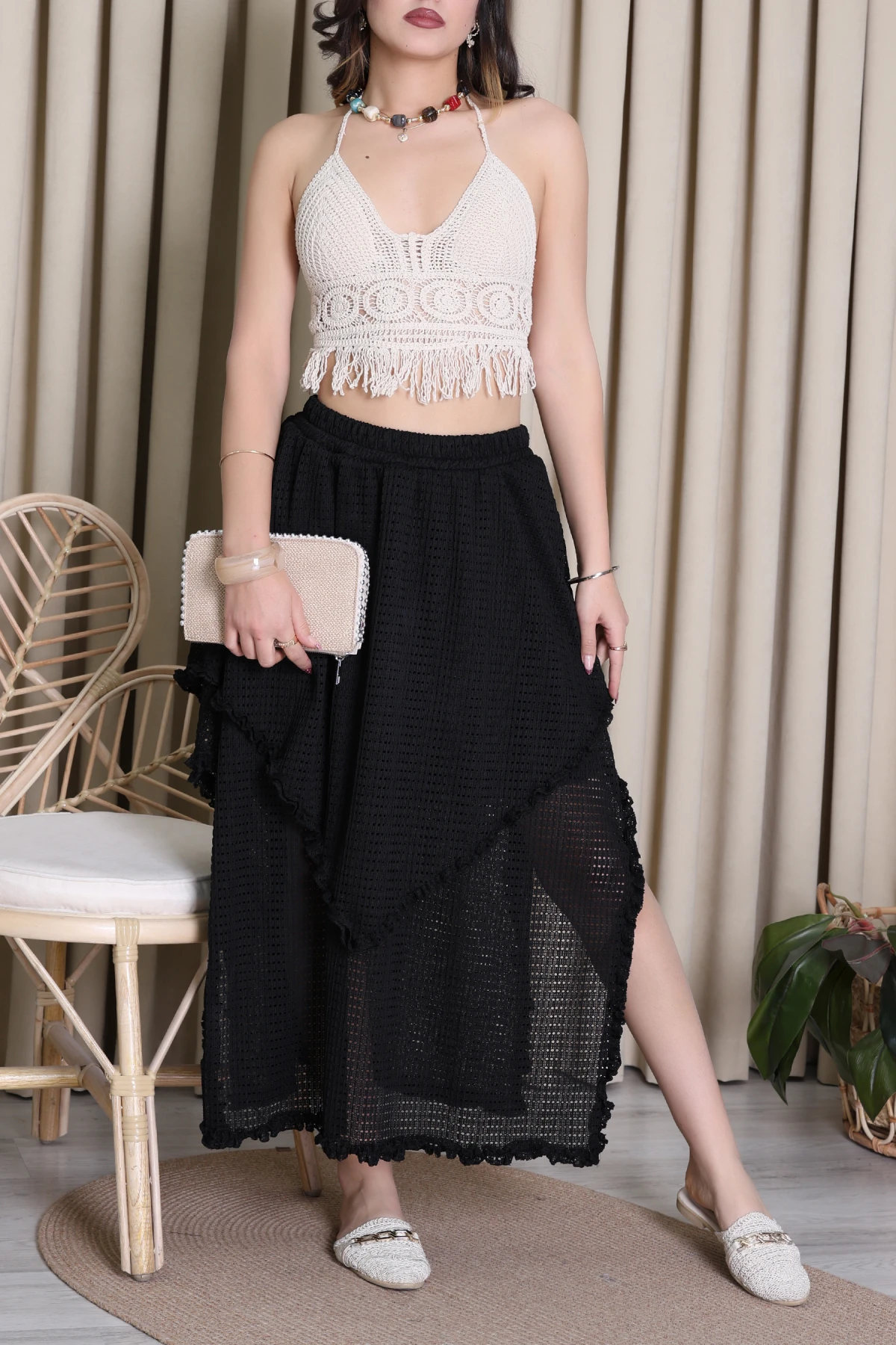 Asimetrik Fileli Etek Siyah - 2623001.483.