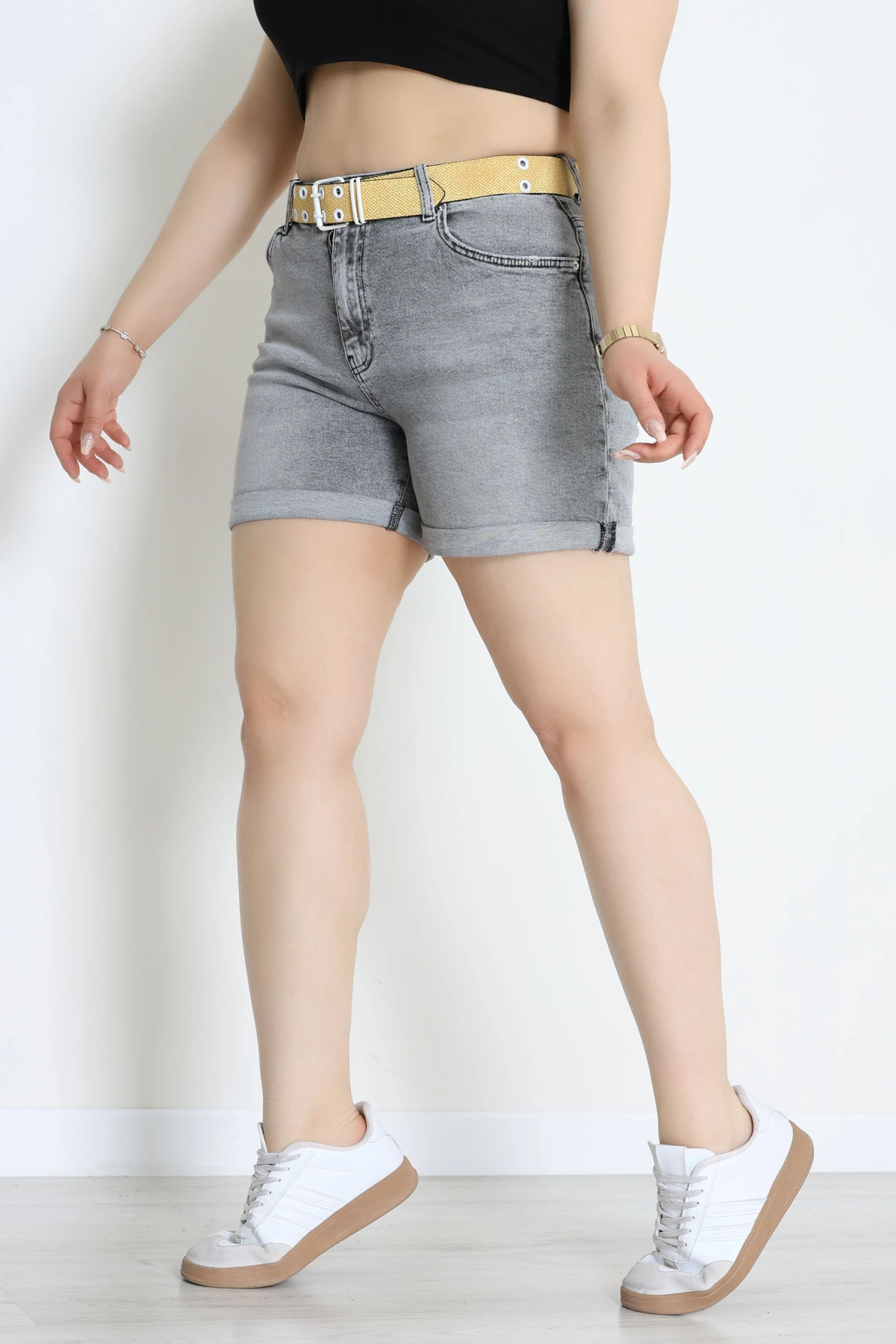 Büyük Beden Kemerli Kot Şort Gri - 30188920.1968.