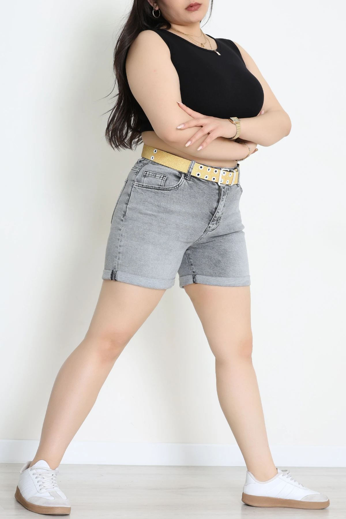 Büyük Beden Kemerli Kot Şort Gri - 30188920.1968.