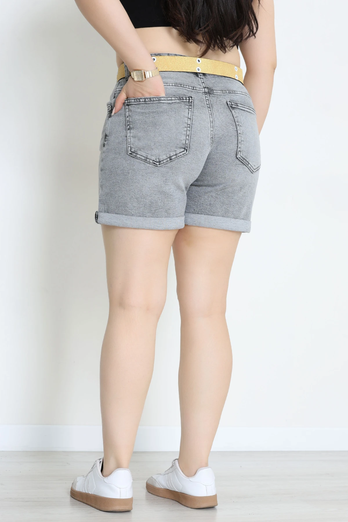 Büyük Beden Kemerli Kot Şort Gri - 30188920.1968.