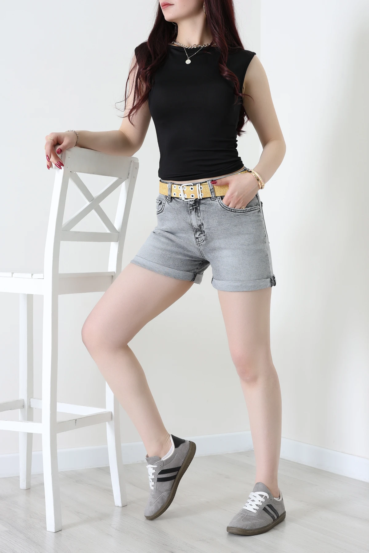 Kemerli Kot Şort Gri - 3018920.1968.