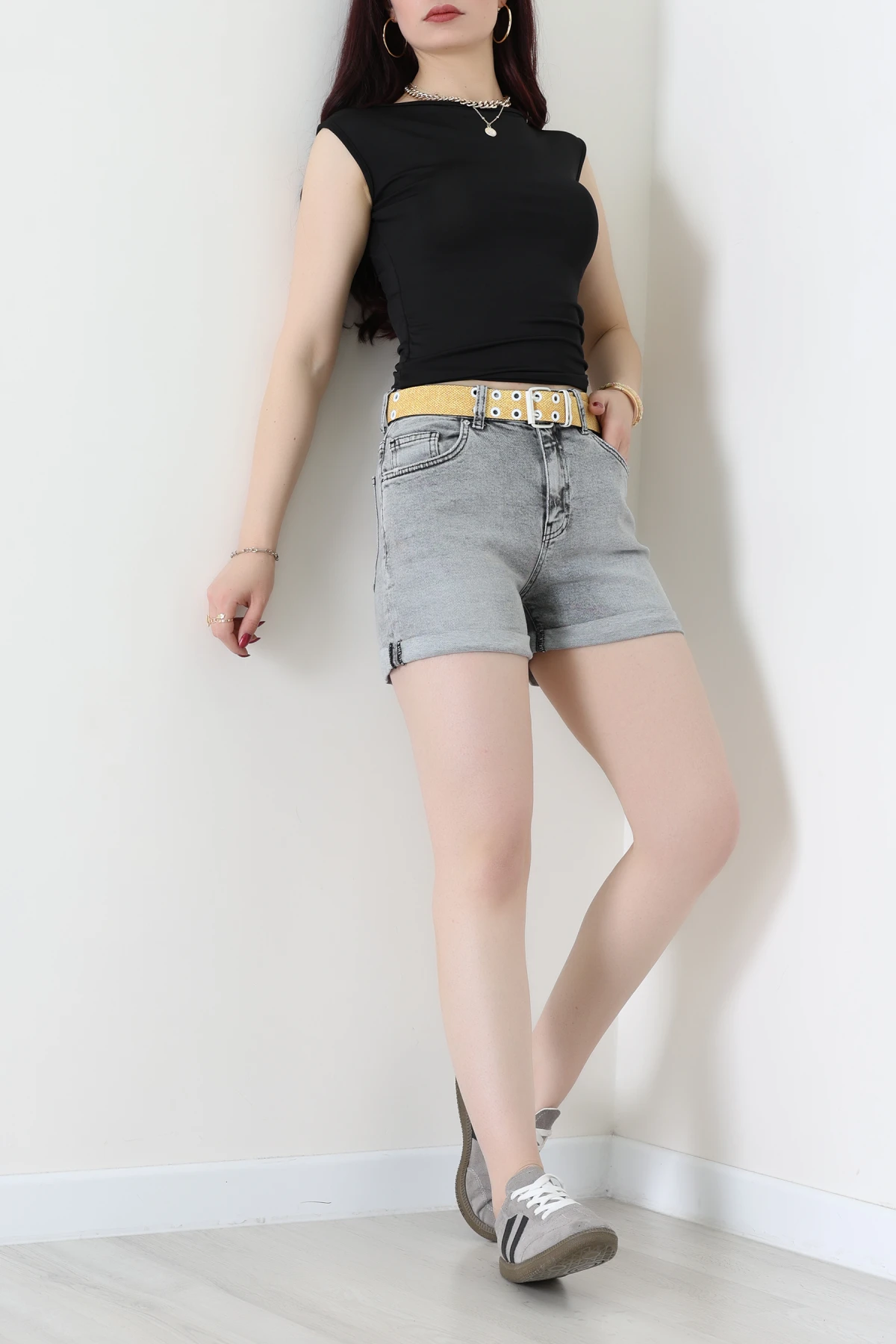 Kemerli Kot Şort Gri - 3018920.1968.