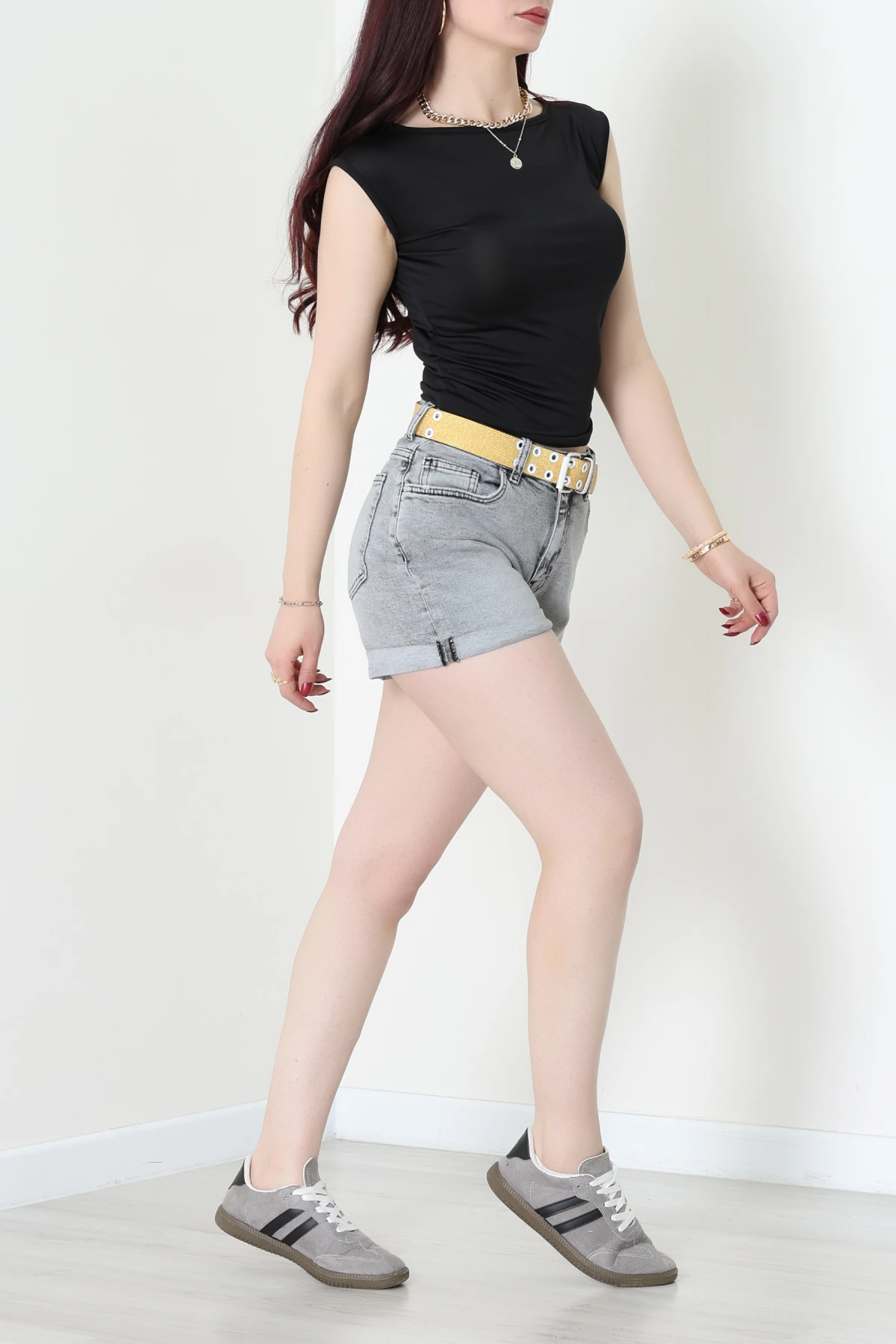 Kemerli Kot Şort Gri - 3018920.1968.