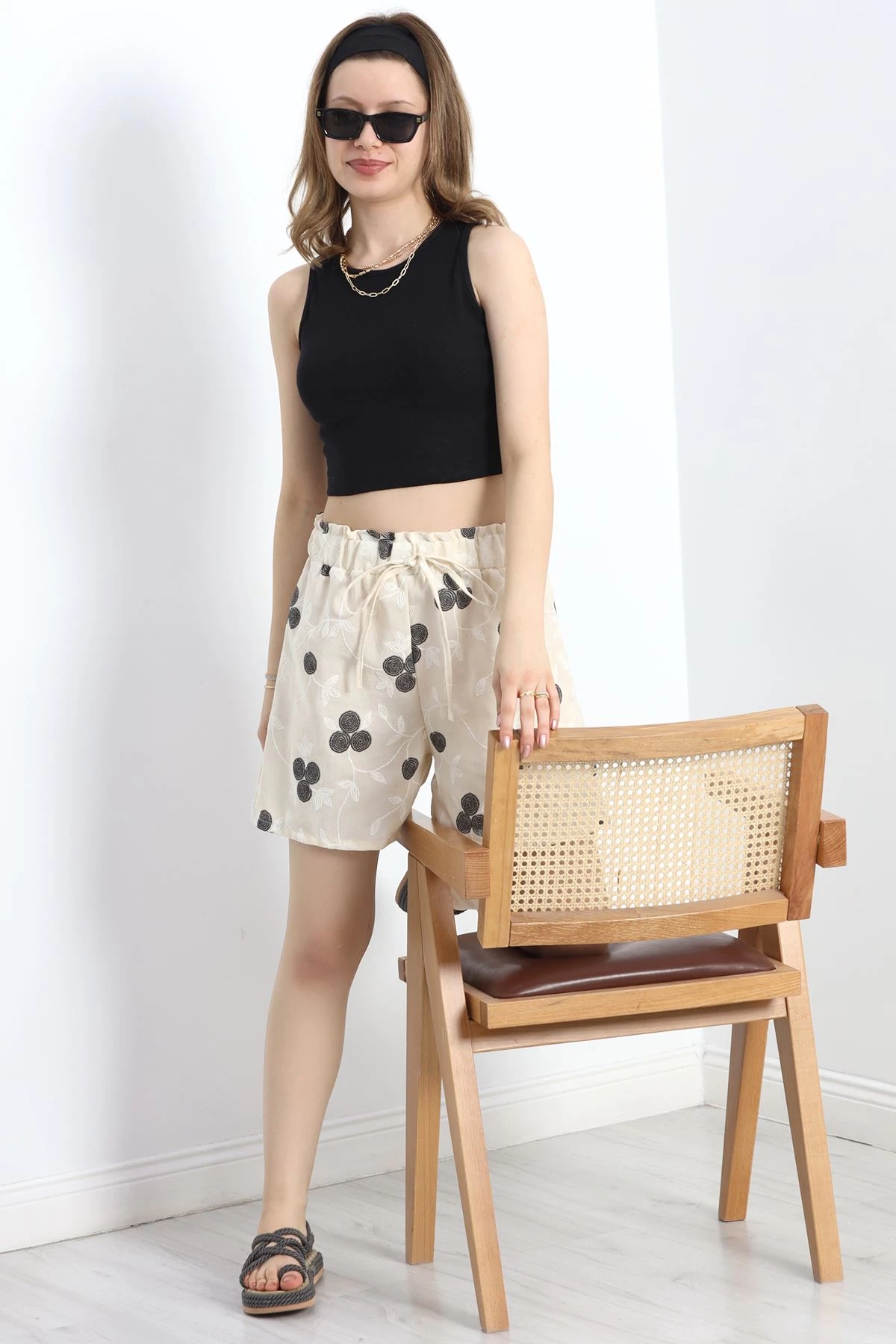 Desenli Keten Şort Bejsiyah - 30260.1837.