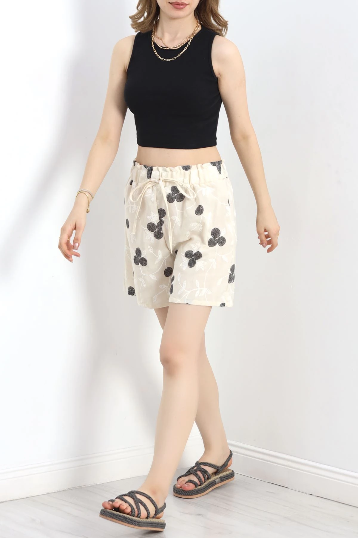 Desenli Keten Şort Bejsiyah - 30260.1837.