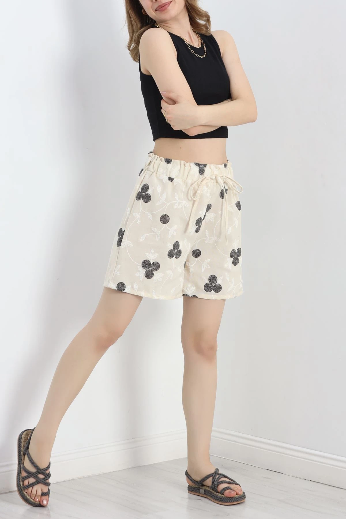 Desenli Keten Şort Bejsiyah - 30260.1837.