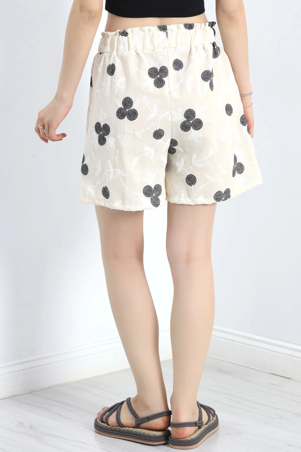 Desenli Keten Şort Bejsiyah - 30260.1837.