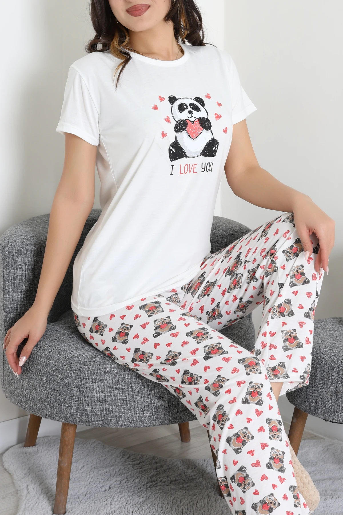 Bisiklet Yaka Kısa Kol Pijama Takımı Beyazayı - 304.1287.