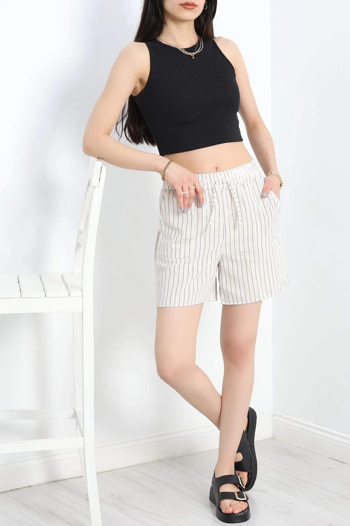 Keten Çizgili Şort Bejsiyah - 306.1247.