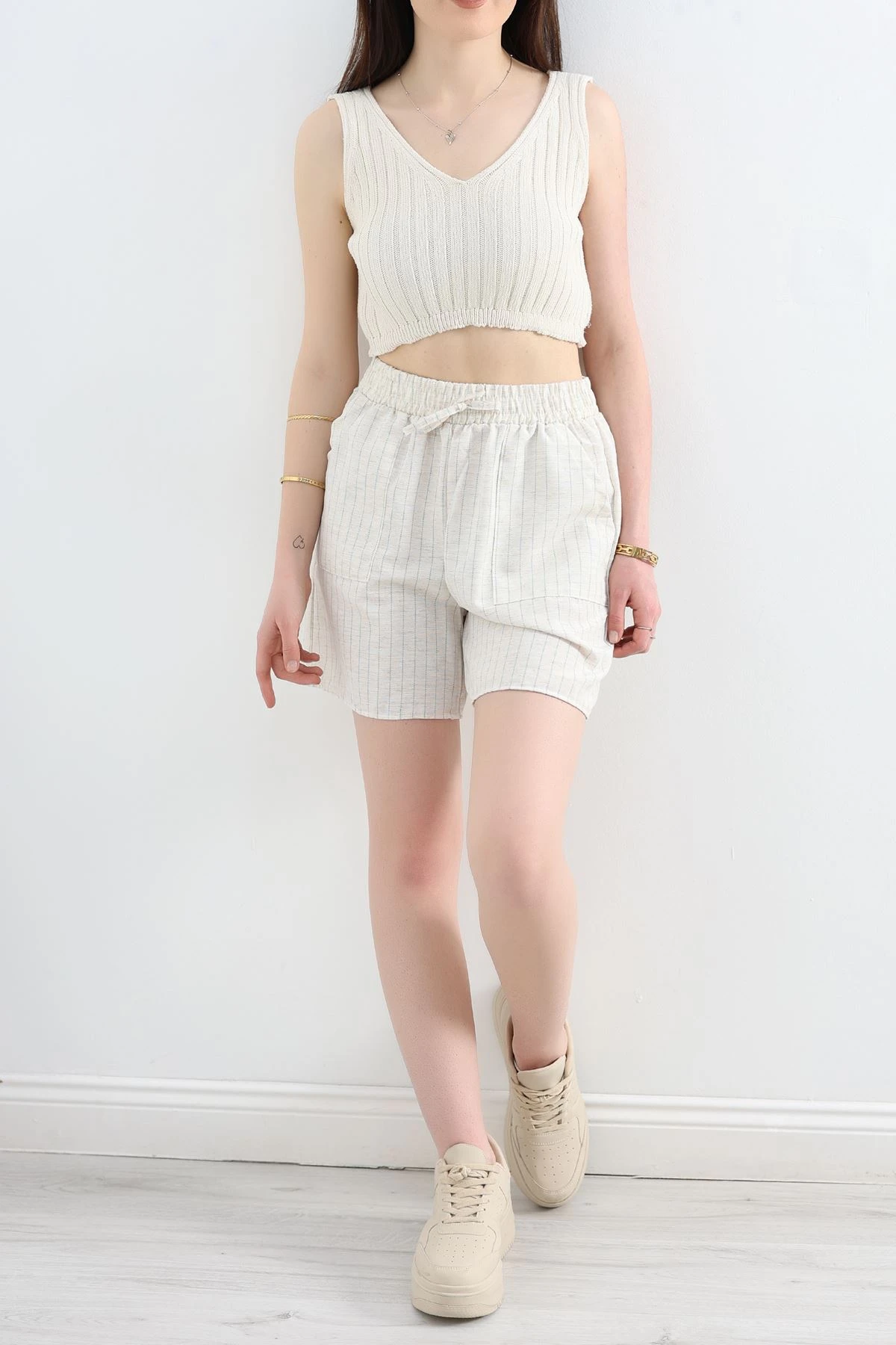 Keten Çizgili Şort Bejmint - 306.1247.