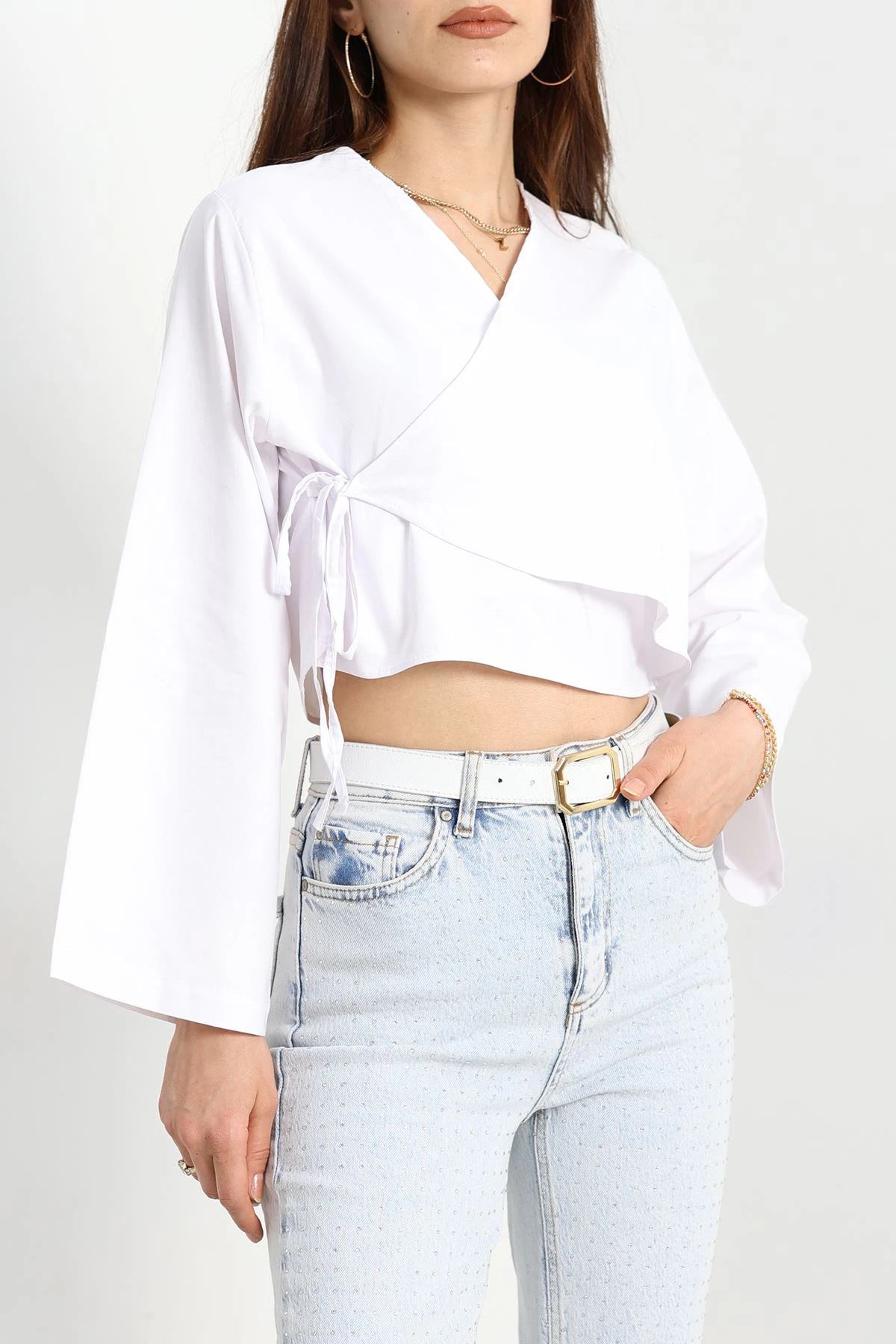 Bağlamalı Asimetrik Gömlek Beyaz - 30872.1949.