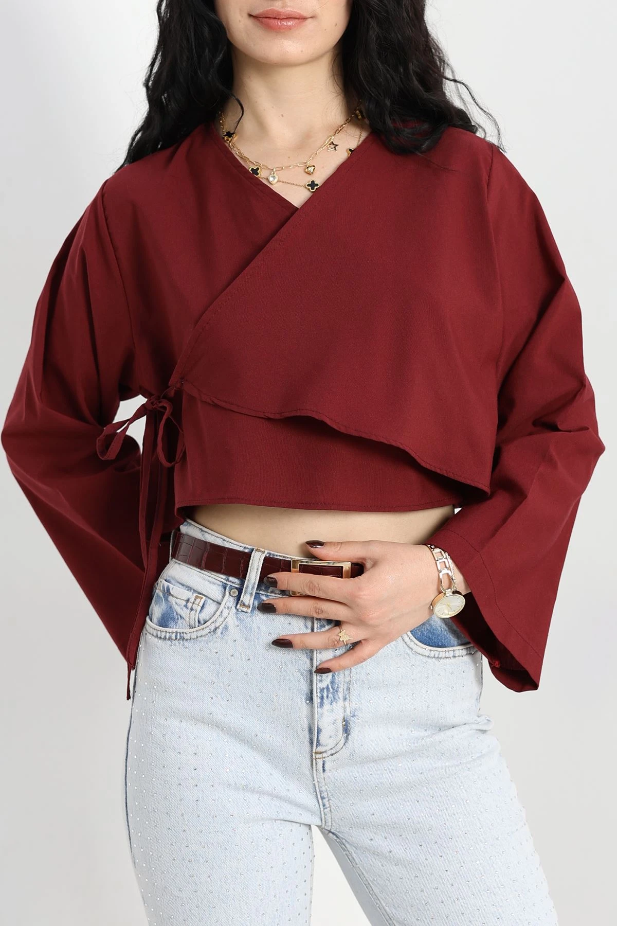 Bağlamalı Asimetrik Gömlek Bordo - 30872.1949.