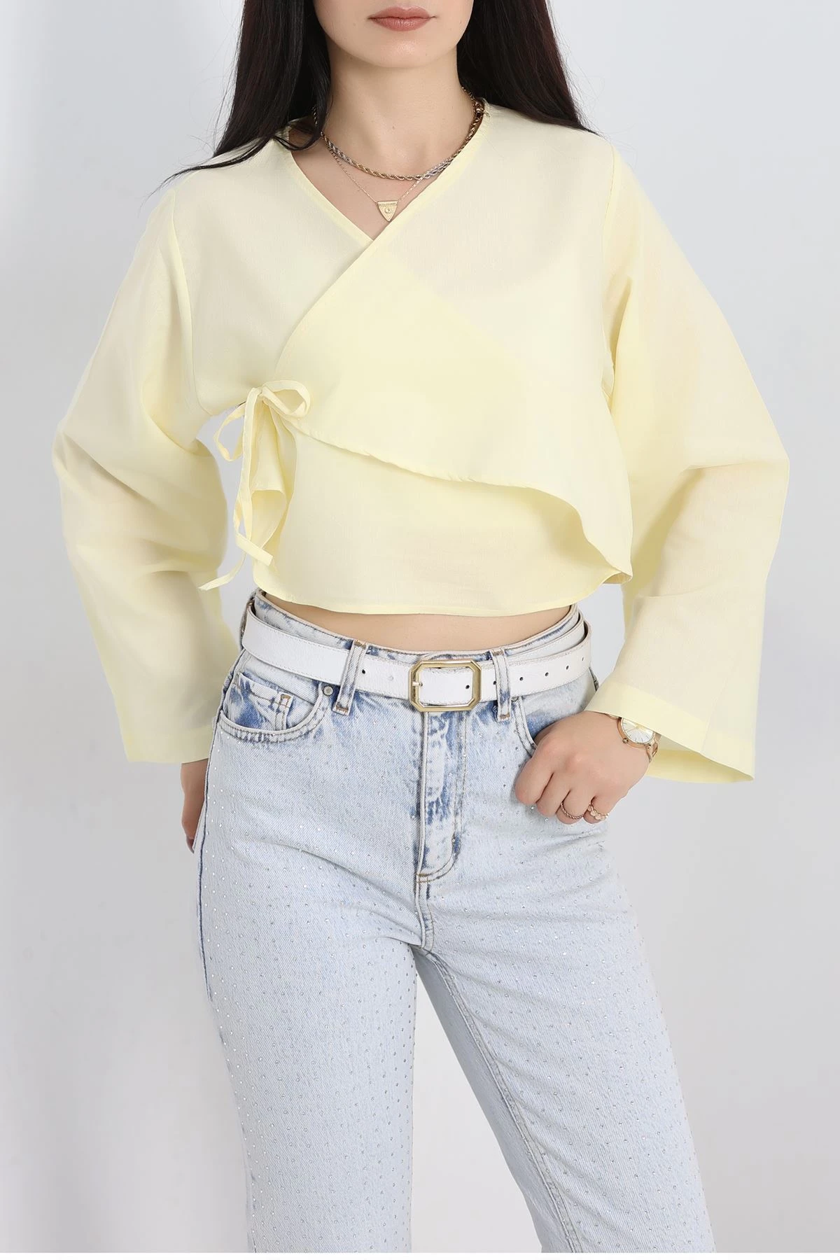 Bağlamalı Asimetrik Gömlek Tereyağsarı - 30872.1949.