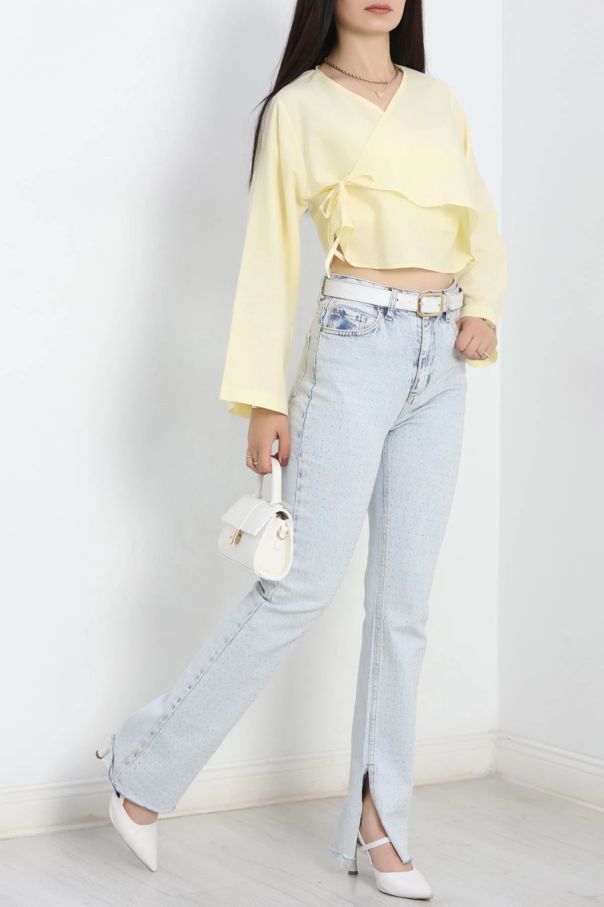 Bağlamalı Asimetrik Gömlek Tereyağsarı - 30872.1949.