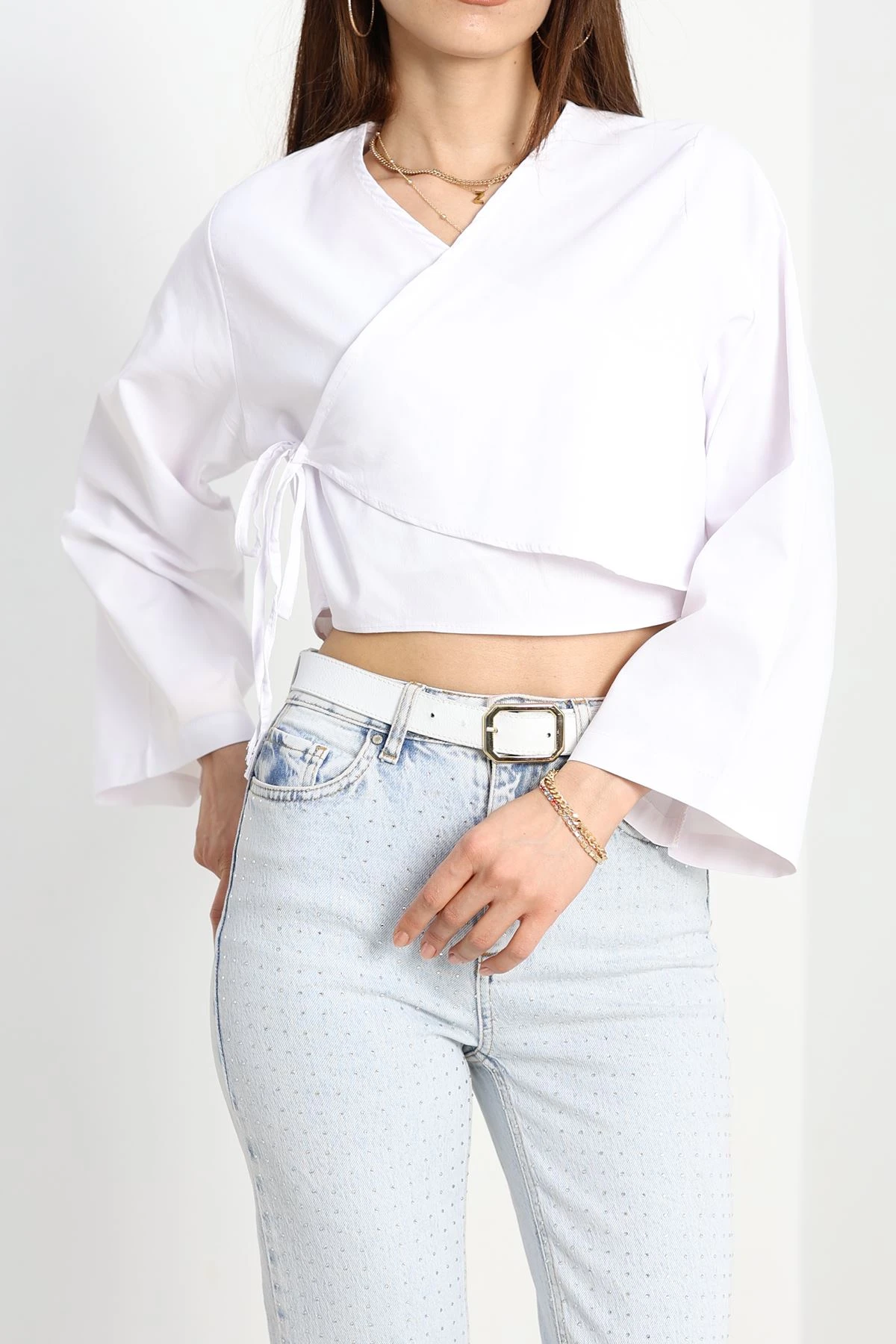 Bağlamalı Asimetrik Gömlek Beyaz - 30872.1949.