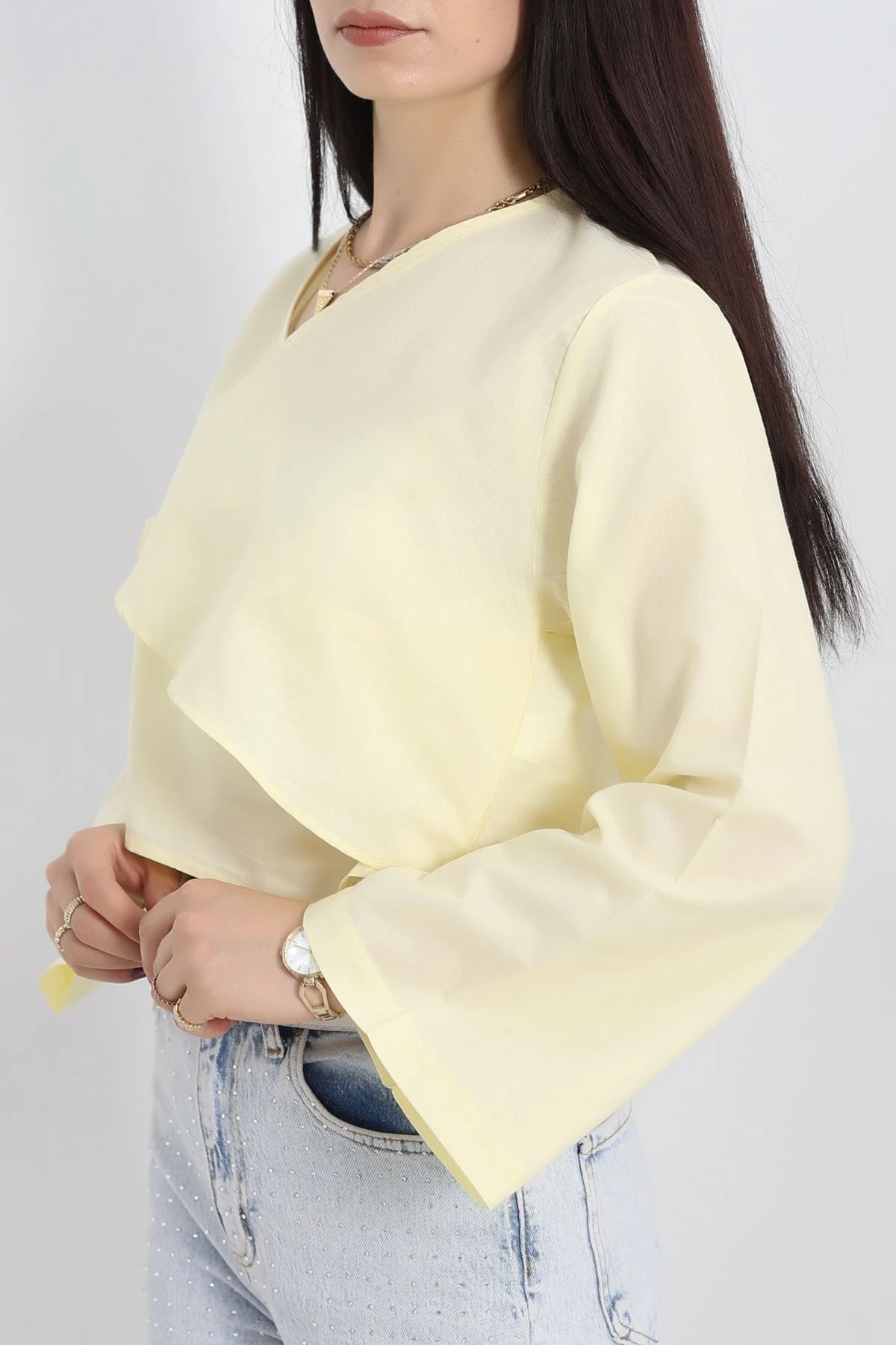 Bağlamalı Asimetrik Gömlek Tereyağsarı - 30872.1949.