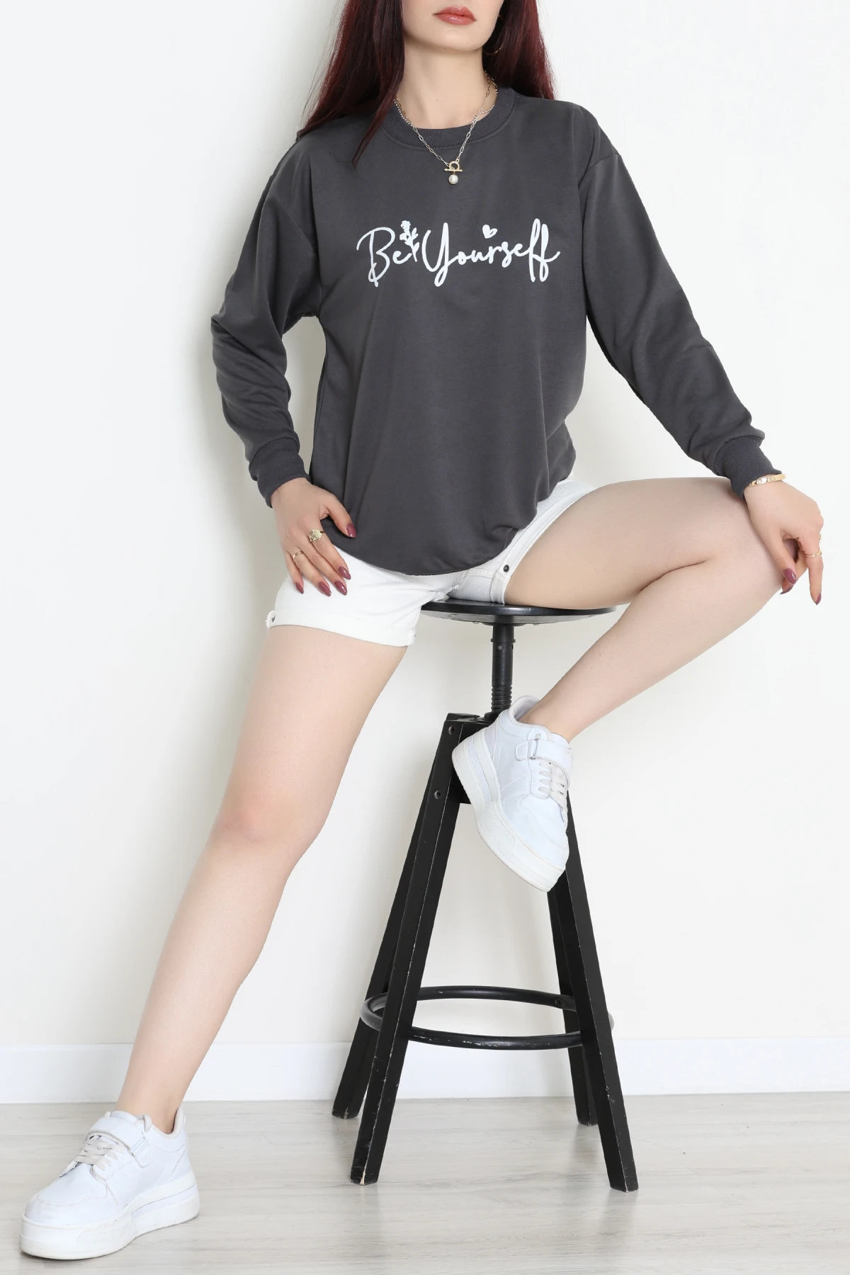 2 İplik Baskılı Sweatshirt Antrasit - 31299.1878.