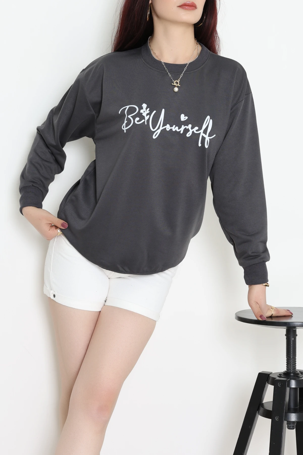 2 İplik Baskılı Sweatshirt Antrasit - 31299.1878.