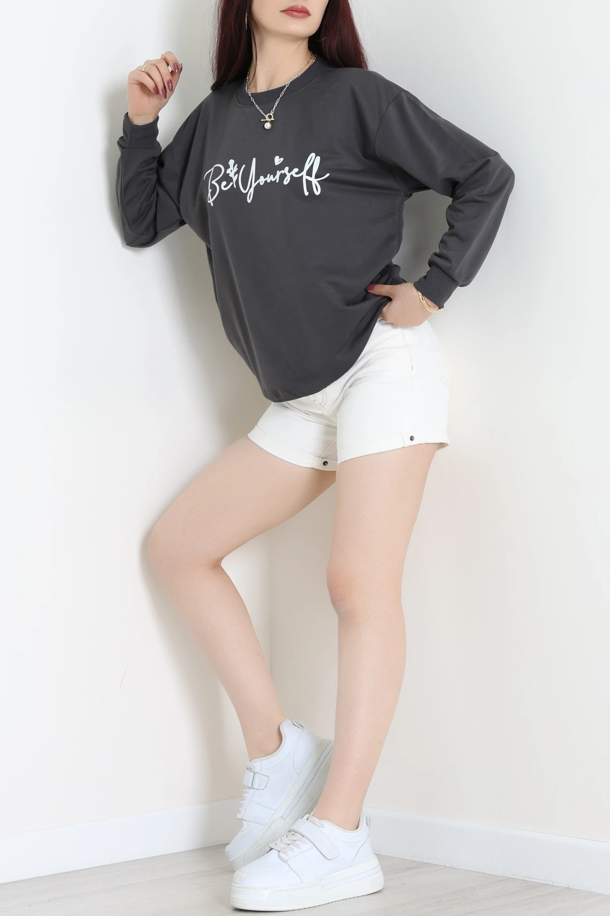 2 İplik Baskılı Sweatshirt Antrasit - 31299.1878.