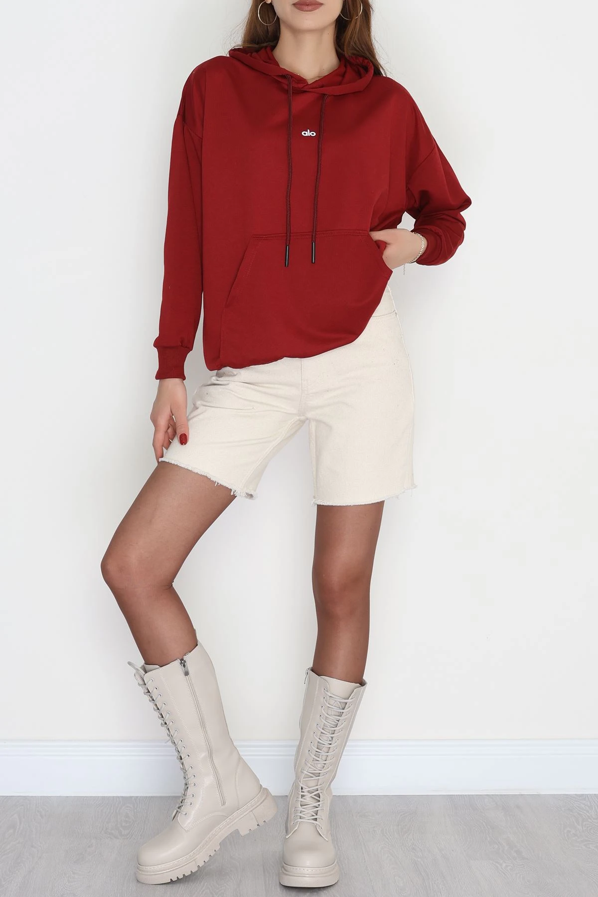 2 İplik Kapşonlu Baskılı Sweatshirt Bordo - 31315.1878.