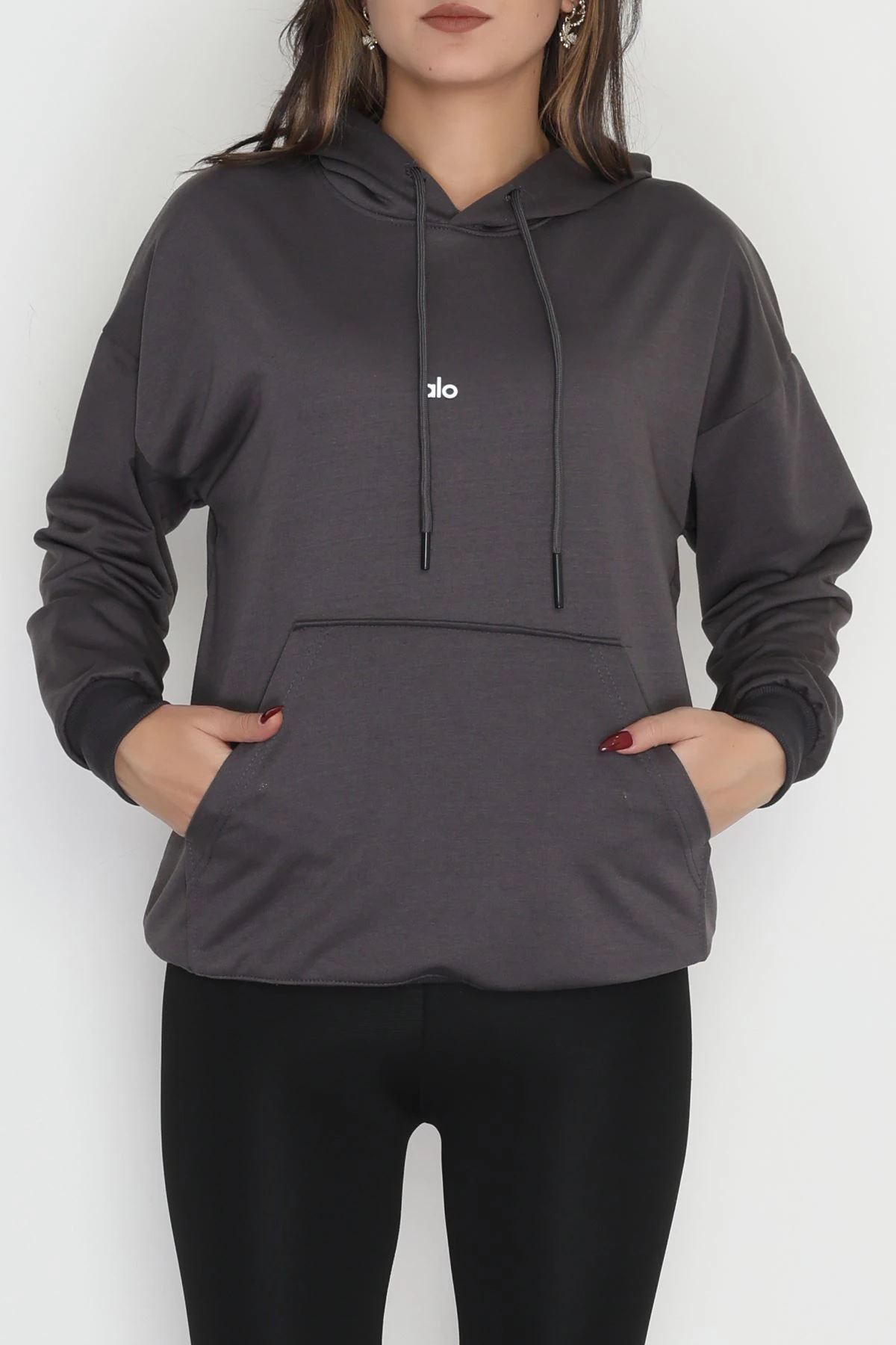 2 İplik Kapşonlu Baskılı Sweatshirt Antrasit - 31315.1878.