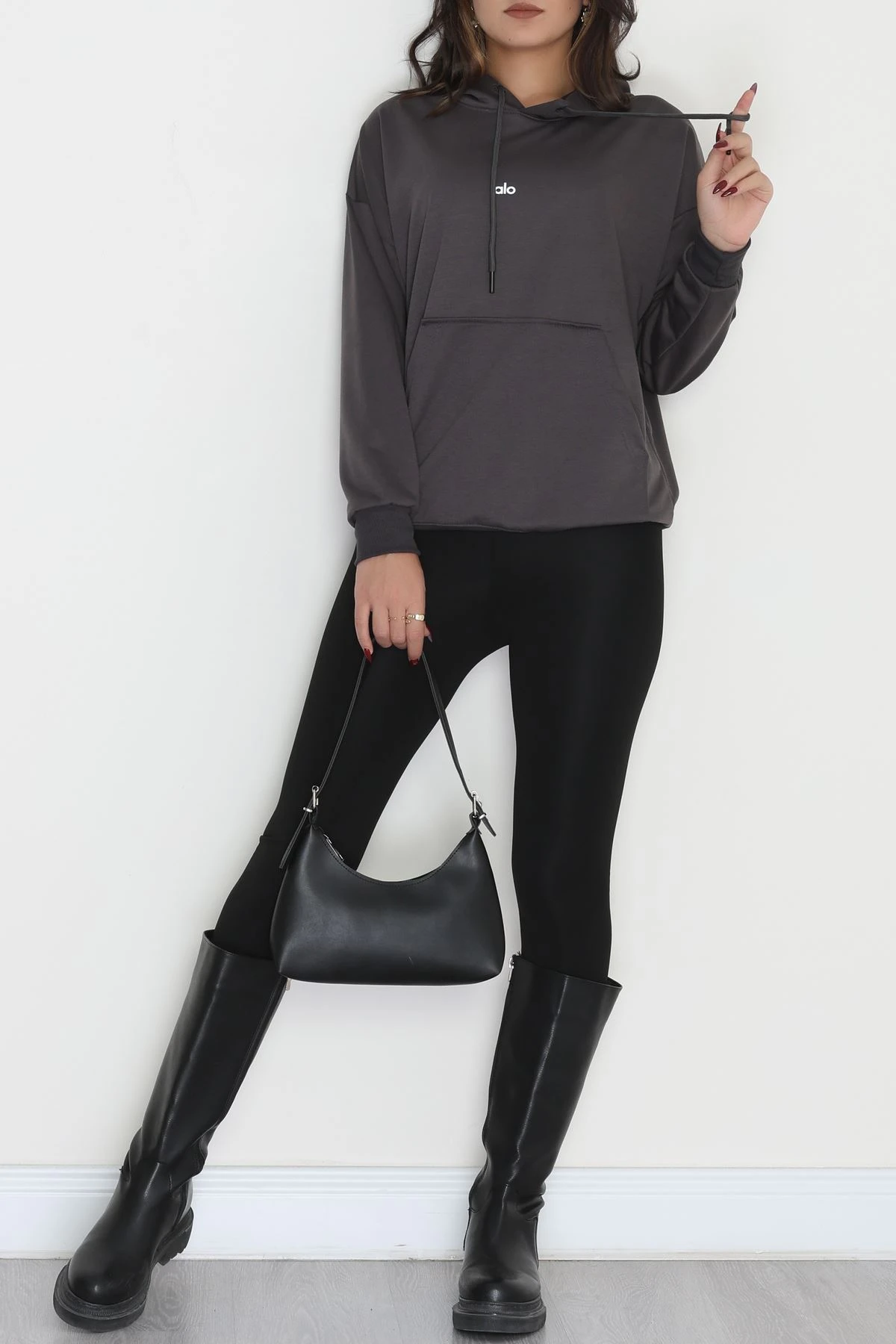 2 İplik Kapşonlu Baskılı Sweatshirt Antrasit - 31315.1878.