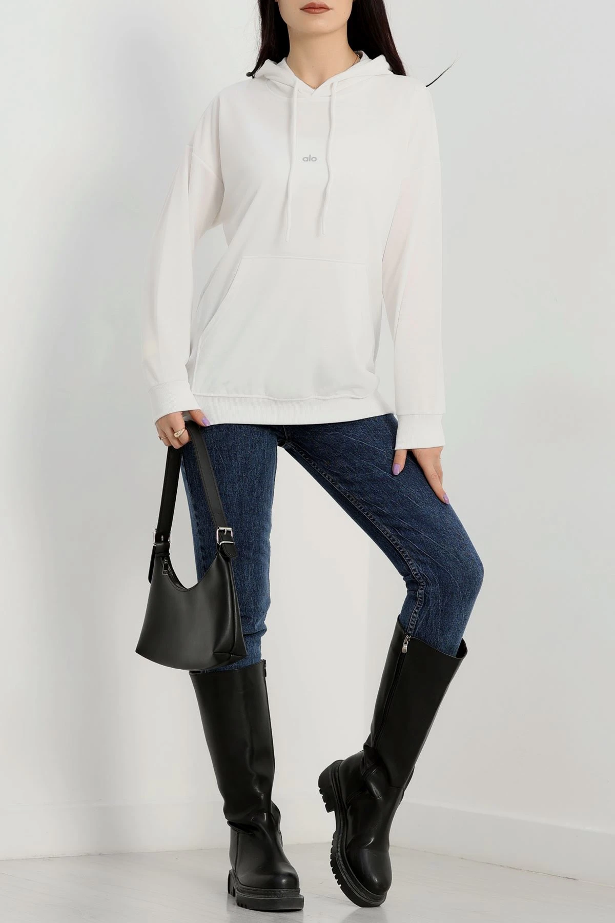 2 İplik Kapşonlu Baskılı Sweatshirt Ekru - 31315.1878.