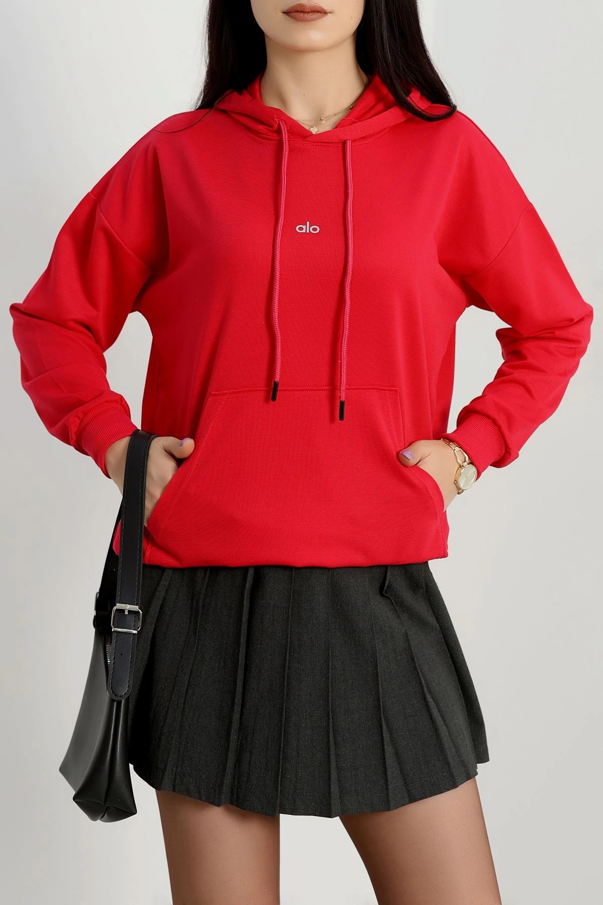 2 İplik Kapşonlu Baskılı Sweatshirt Fuşya - 31315.1878.