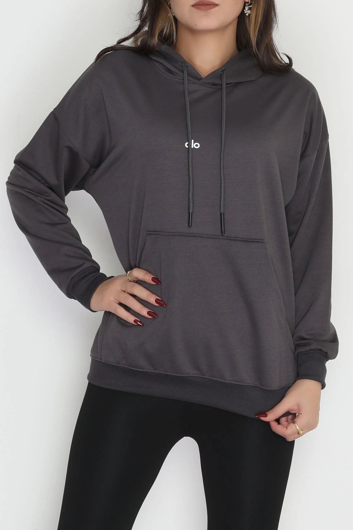 2 İplik Kapşonlu Baskılı Sweatshirt Antrasit - 31315.1878.