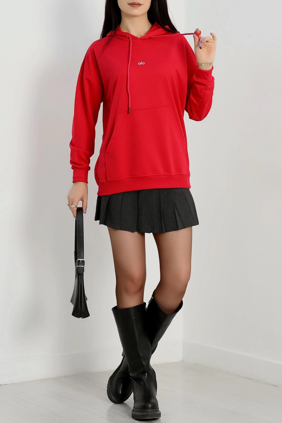 2 İplik Kapşonlu Baskılı Sweatshirt Fuşya - 31315.1878.