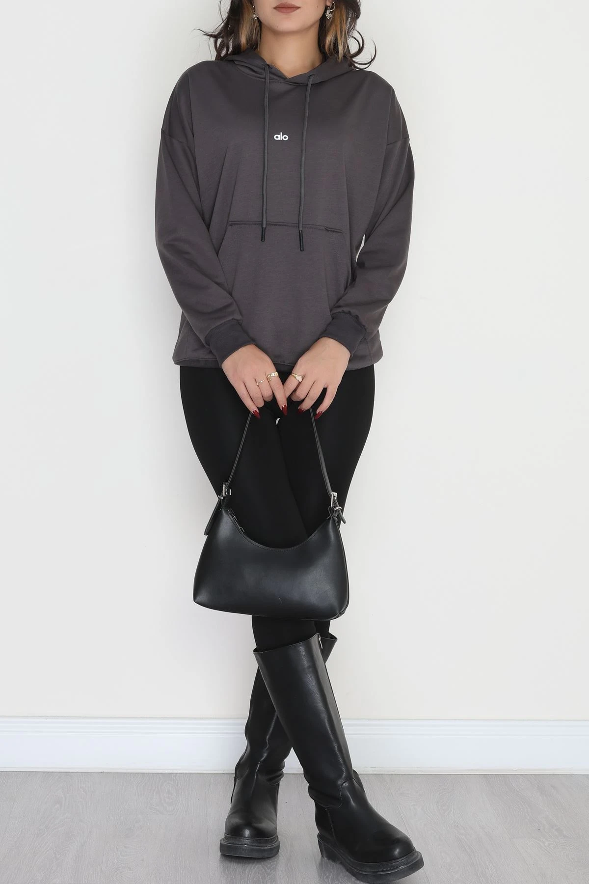 2 İplik Kapşonlu Baskılı Sweatshirt Antrasit - 31315.1878.