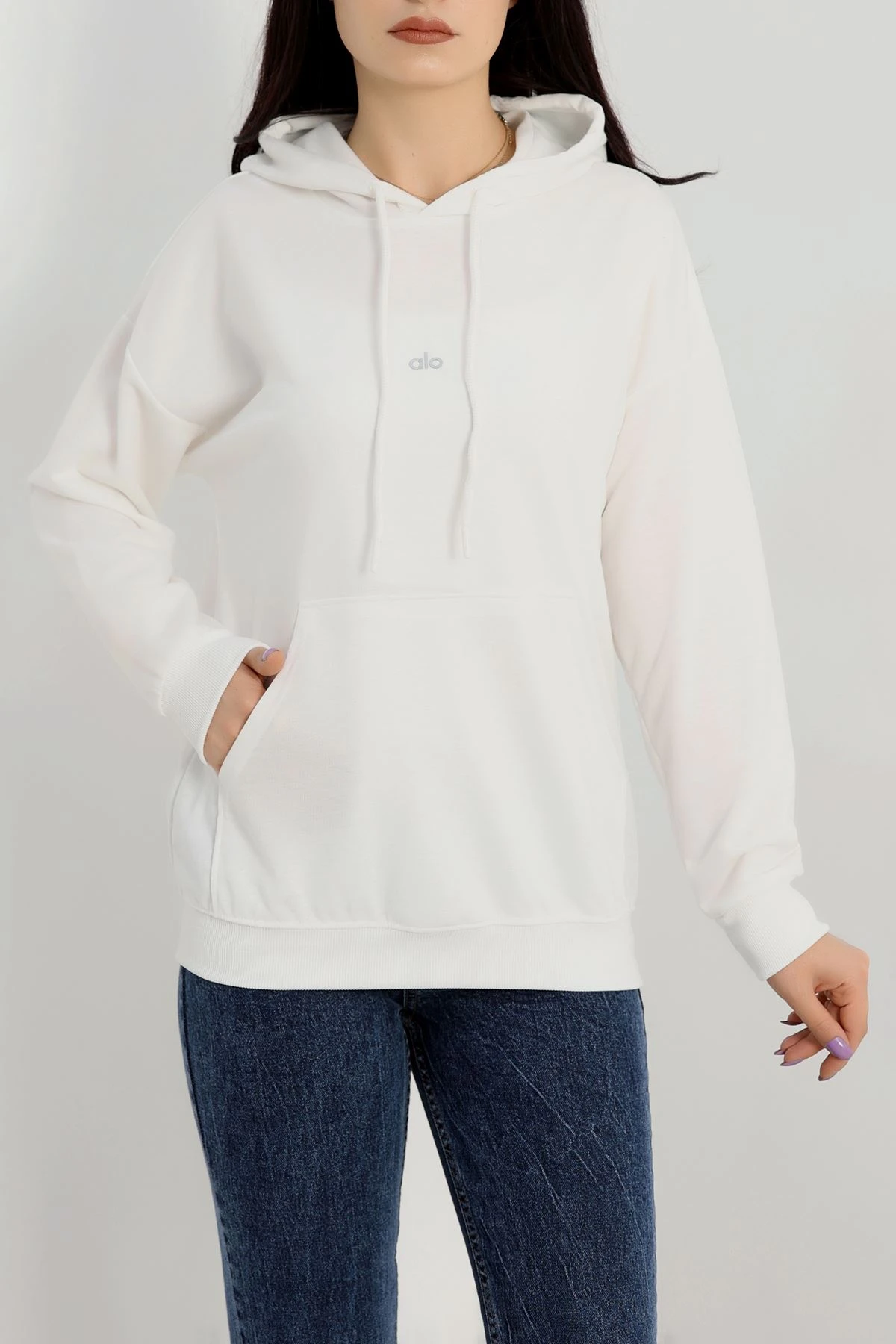 2 İplik Kapşonlu Baskılı Sweatshirt Ekru - 31315.1878.