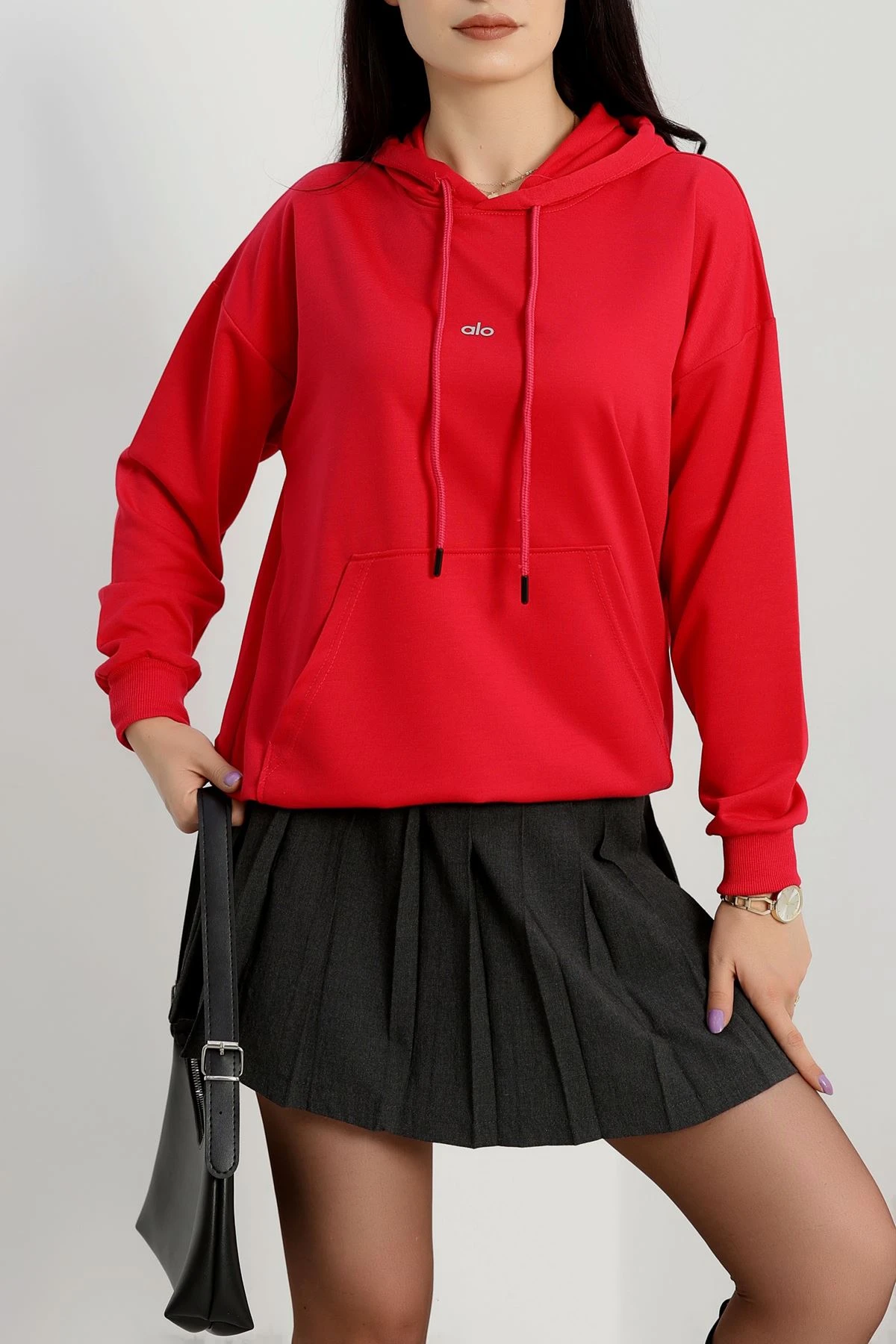 2 İplik Kapşonlu Baskılı Sweatshirt Fuşya - 31315.1878.