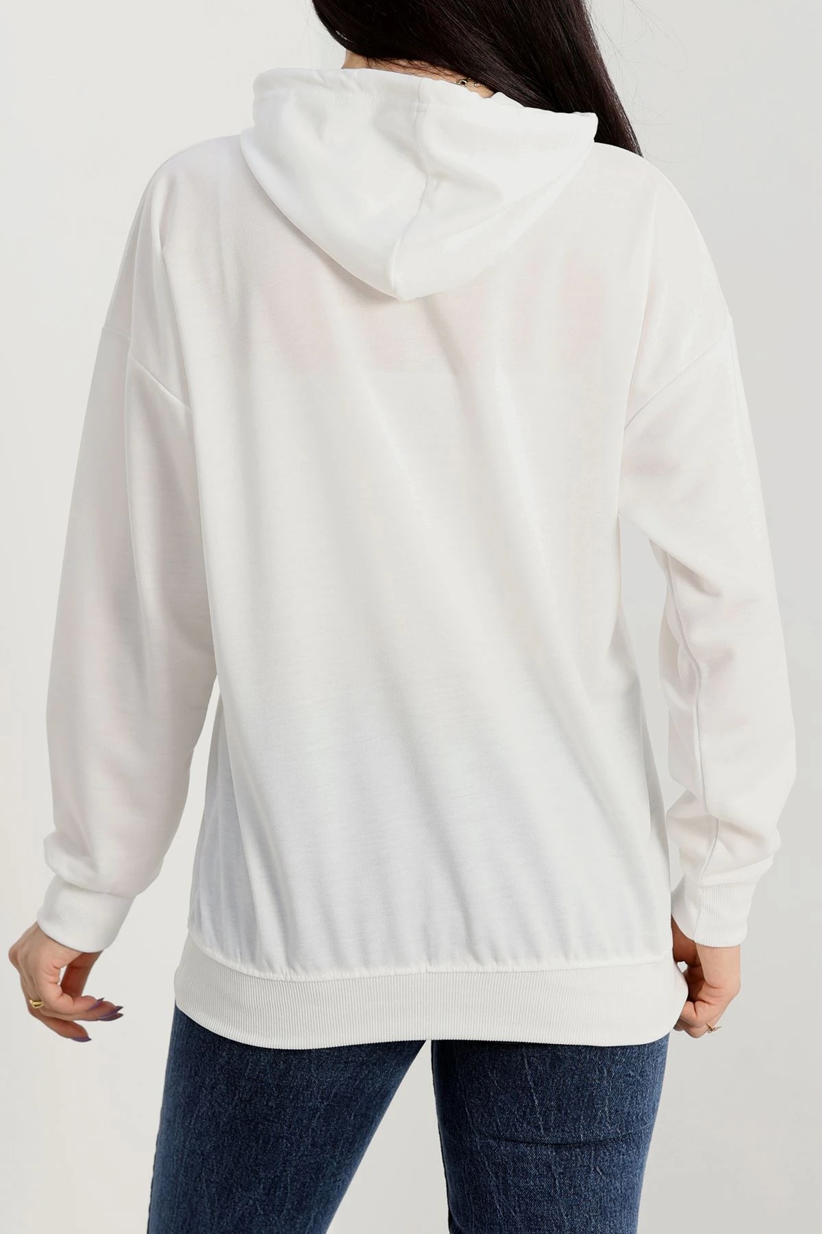 2 İplik Kapşonlu Baskılı Sweatshirt Ekru - 31315.1878.