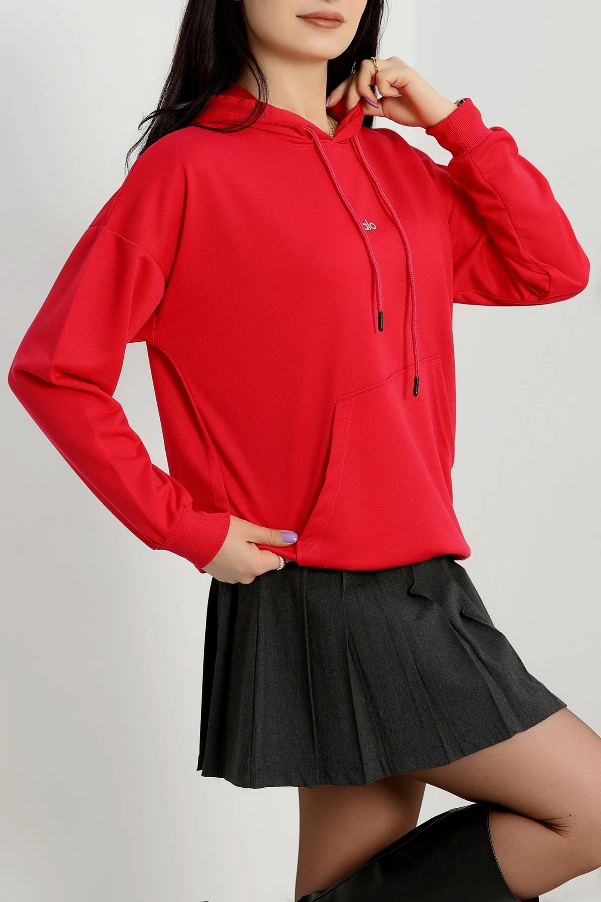 2 İplik Kapşonlu Baskılı Sweatshirt Fuşya - 31315.1878.