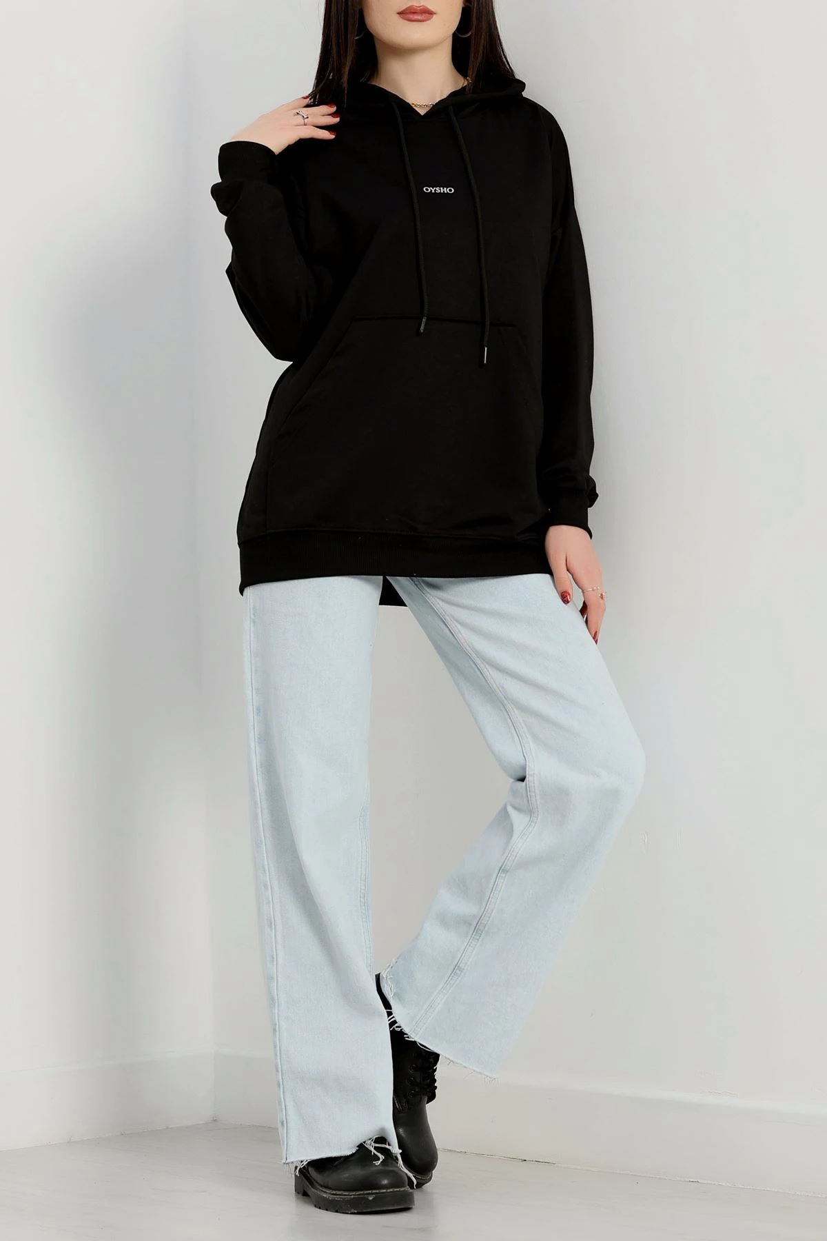 2 İplik Kapşonlu Baskılı Sweatshirt Siyah - 31316.1878.