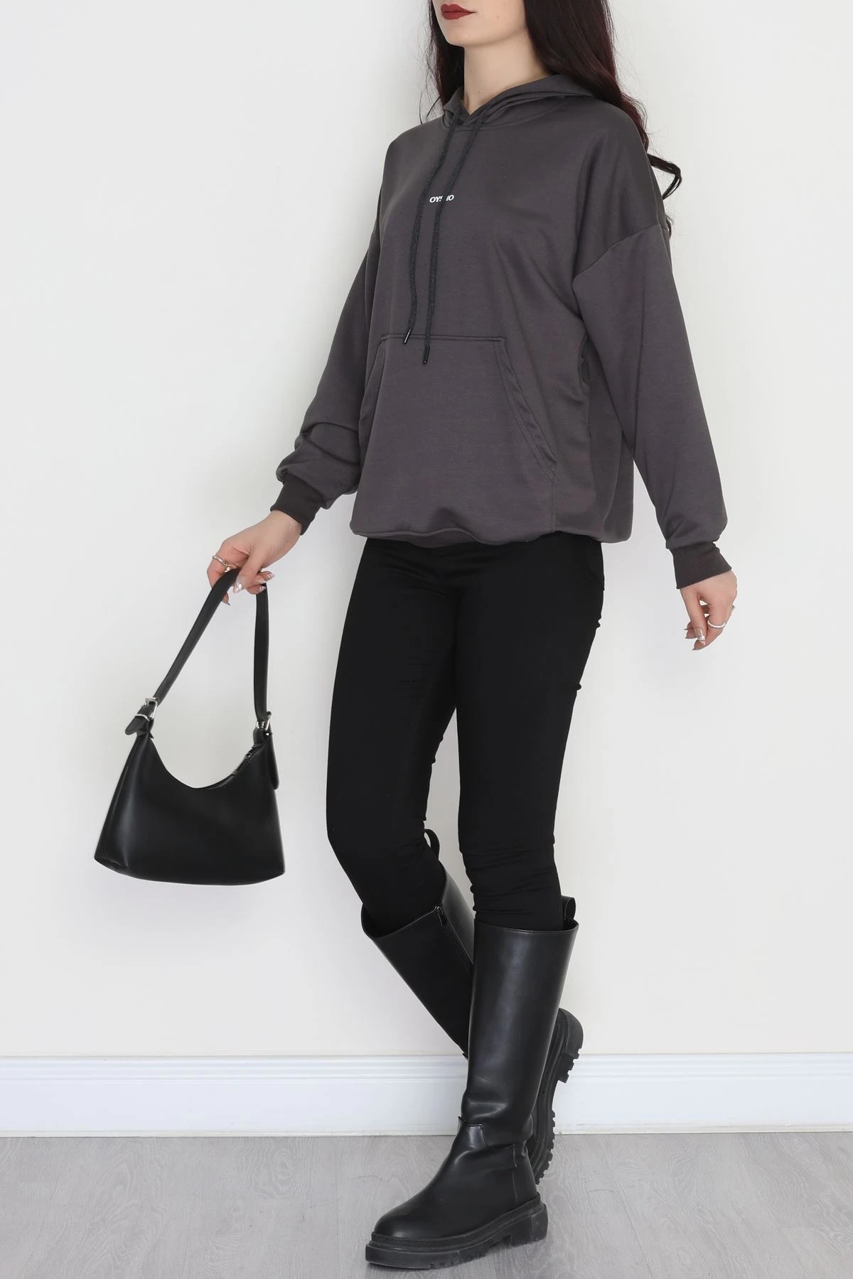 2 İplik Kapşonlu Baskılı Sweatshirt Antrasit - 31316.1878.