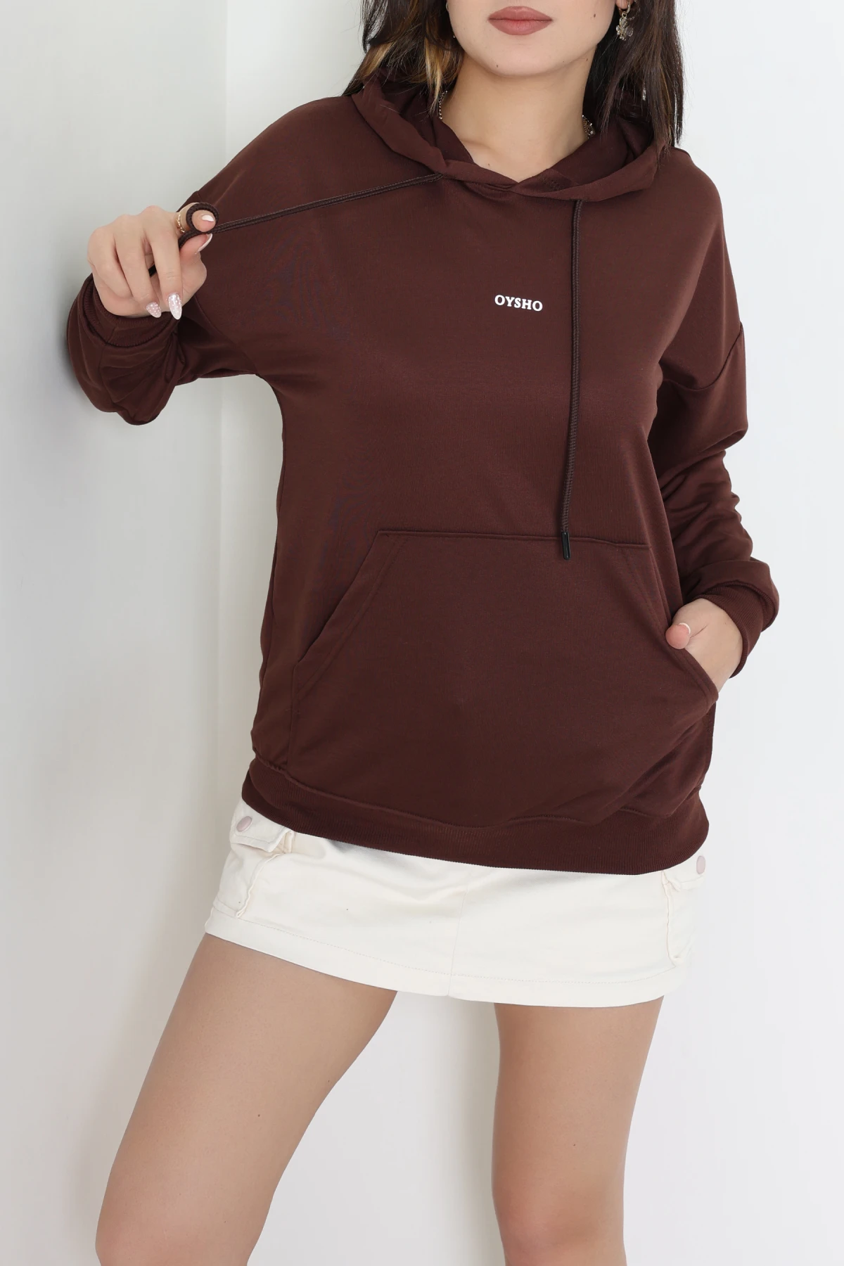2 İplik Kapşonlu Baskılı Sweatshirt Kahve - 31316.1878.