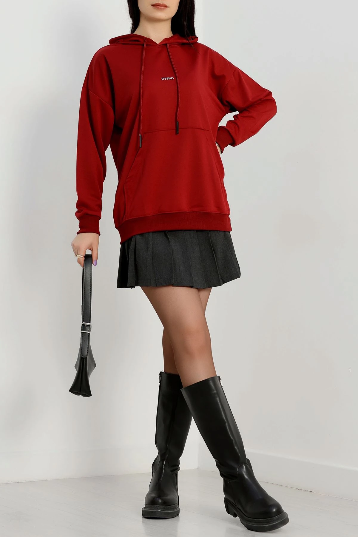 2 İplik Kapşonlu Baskılı Sweatshirt Bordo - 31316.1878.
