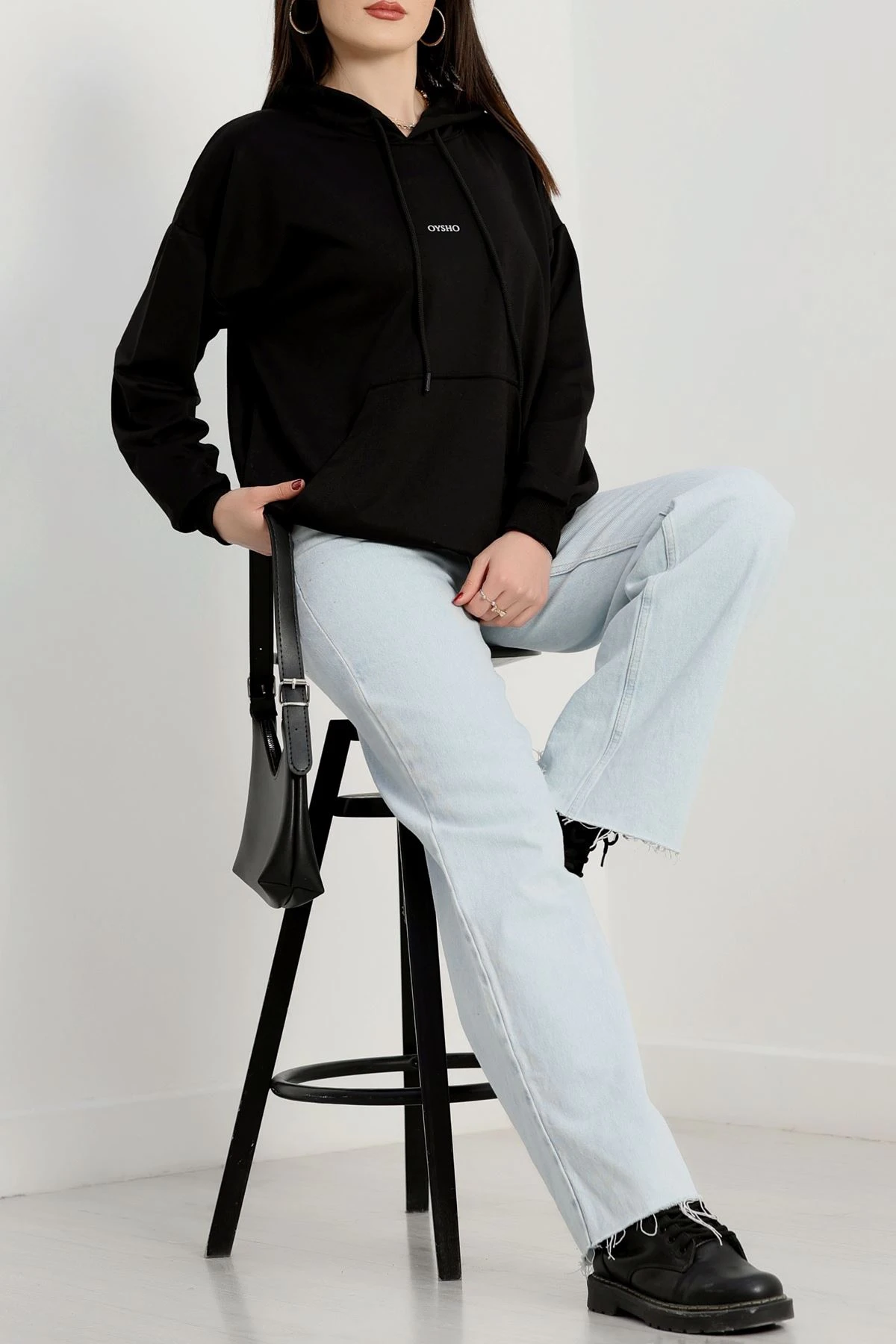 2 İplik Kapşonlu Baskılı Sweatshirt Siyah - 31316.1878.