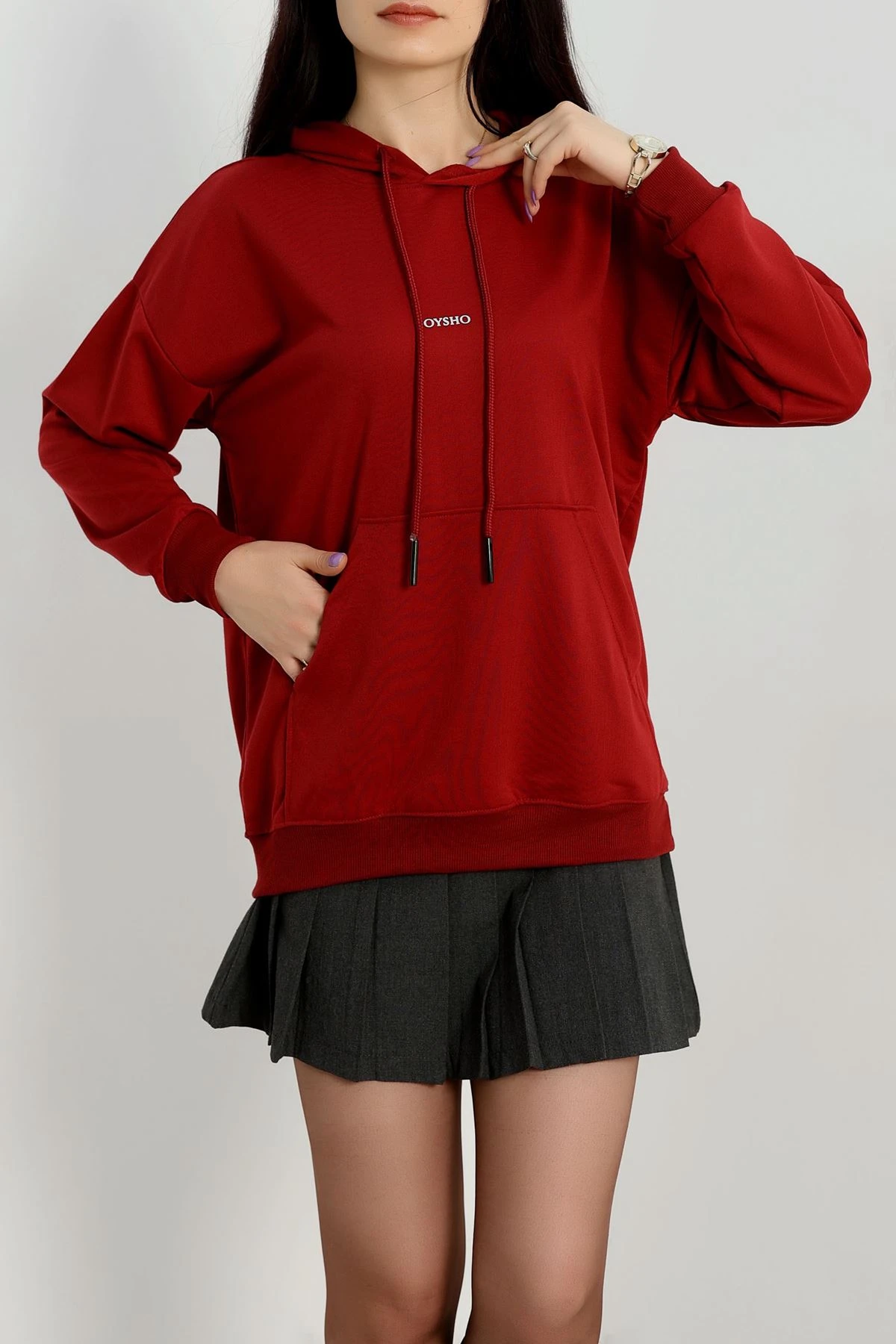 2 İplik Kapşonlu Baskılı Sweatshirt Bordo - 31316.1878.