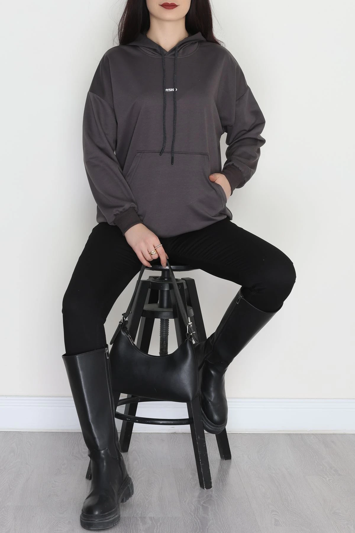 2 İplik Kapşonlu Baskılı Sweatshirt Antrasit - 31316.1878.