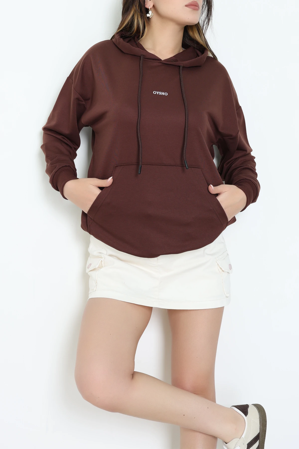 2 İplik Kapşonlu Baskılı Sweatshirt Kahve - 31316.1878.