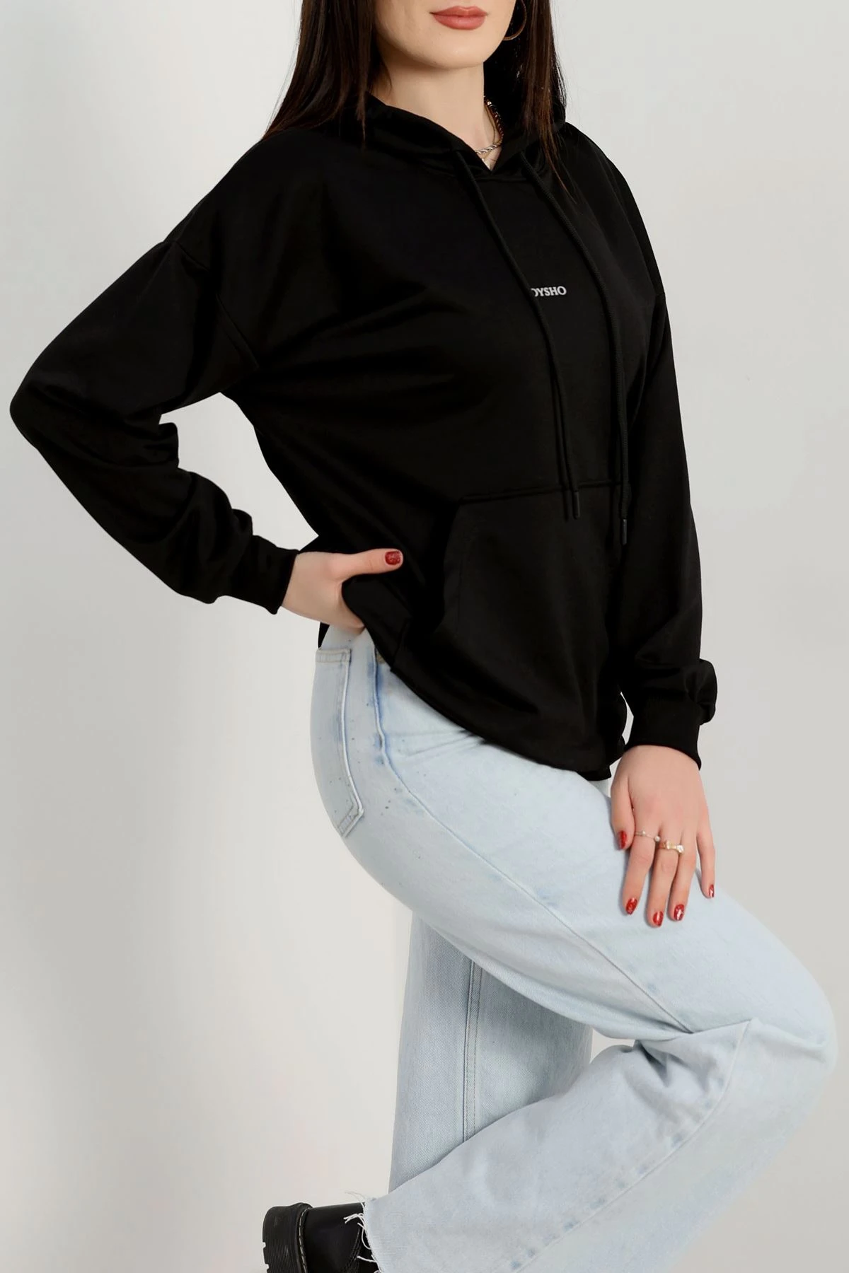 2 İplik Kapşonlu Baskılı Sweatshirt Siyah - 31316.1878.