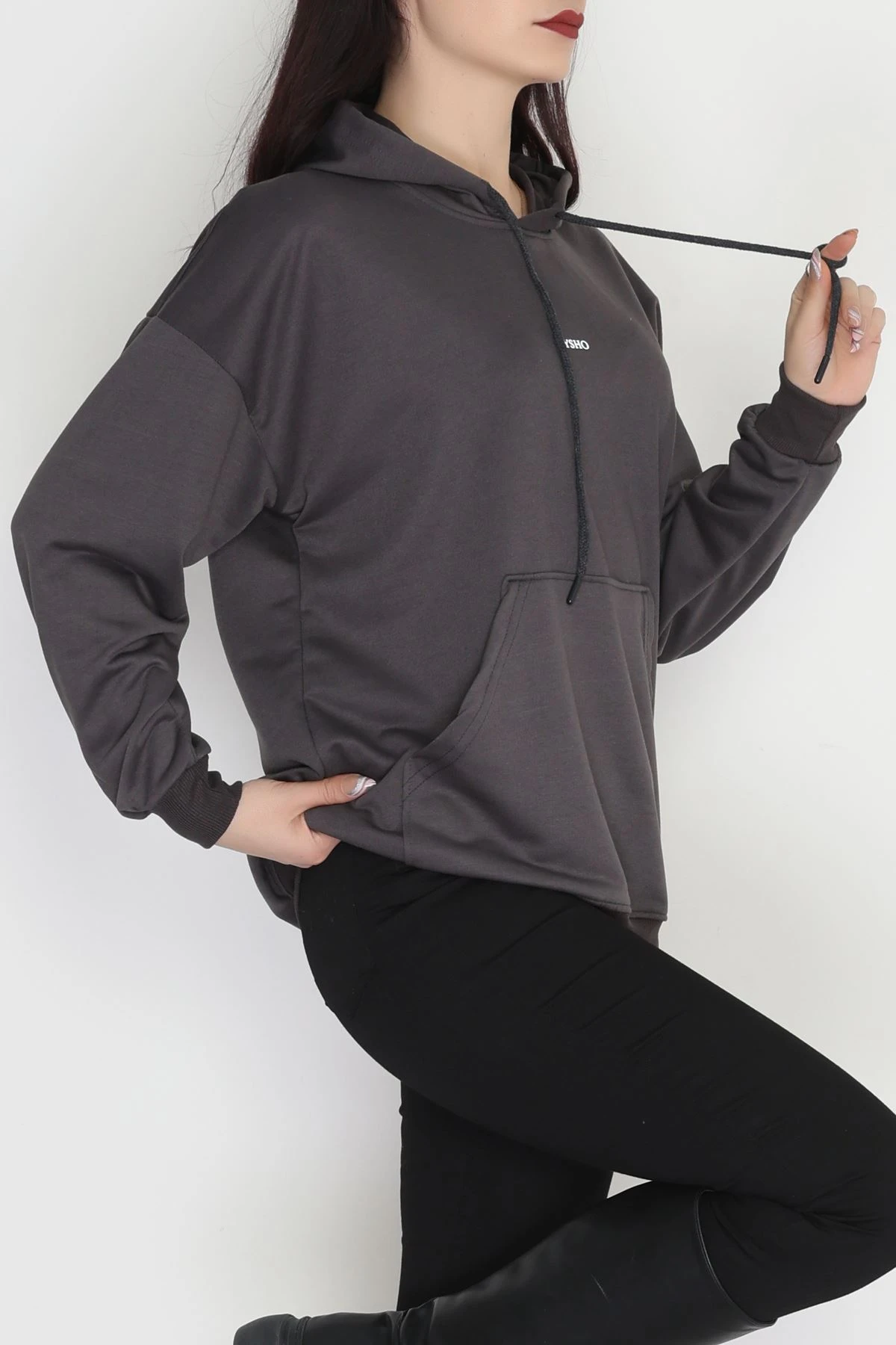 2 İplik Kapşonlu Baskılı Sweatshirt Antrasit - 31316.1878.