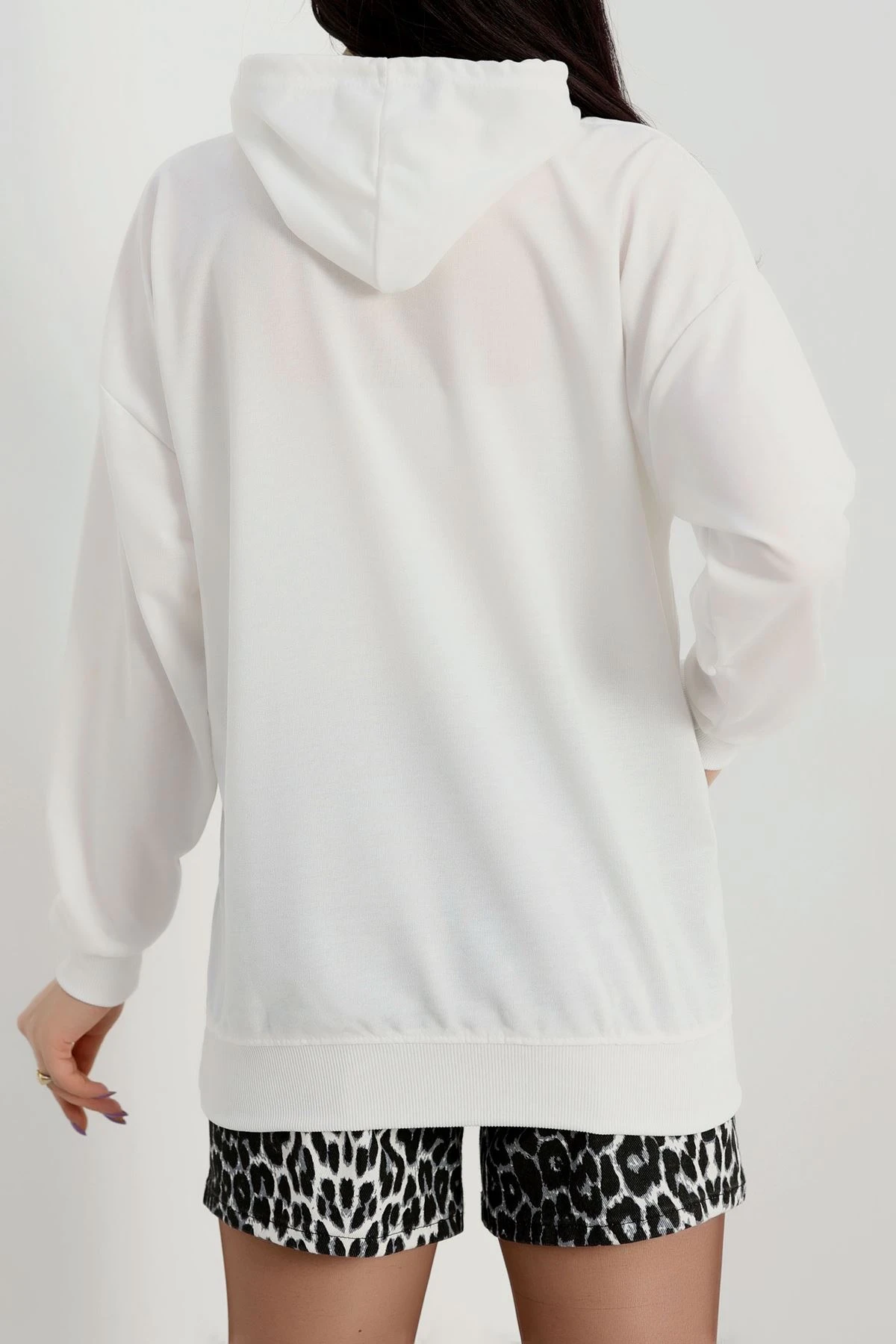 2 İplik Kapşonlu Baskılı Sweatshirt Ekru - 31316.1878.